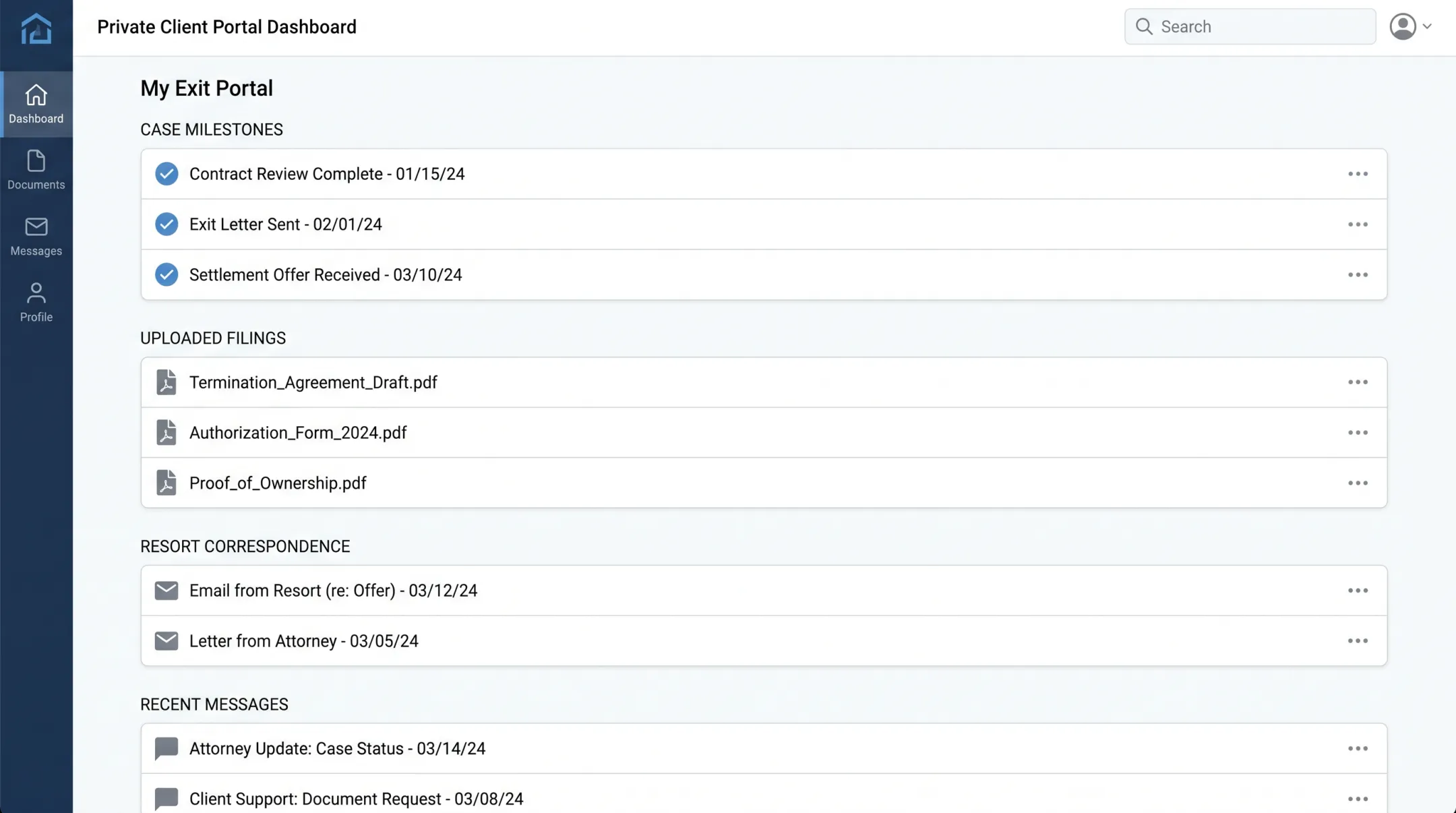 Client portal interface displaying timeshare exit case documents and filings