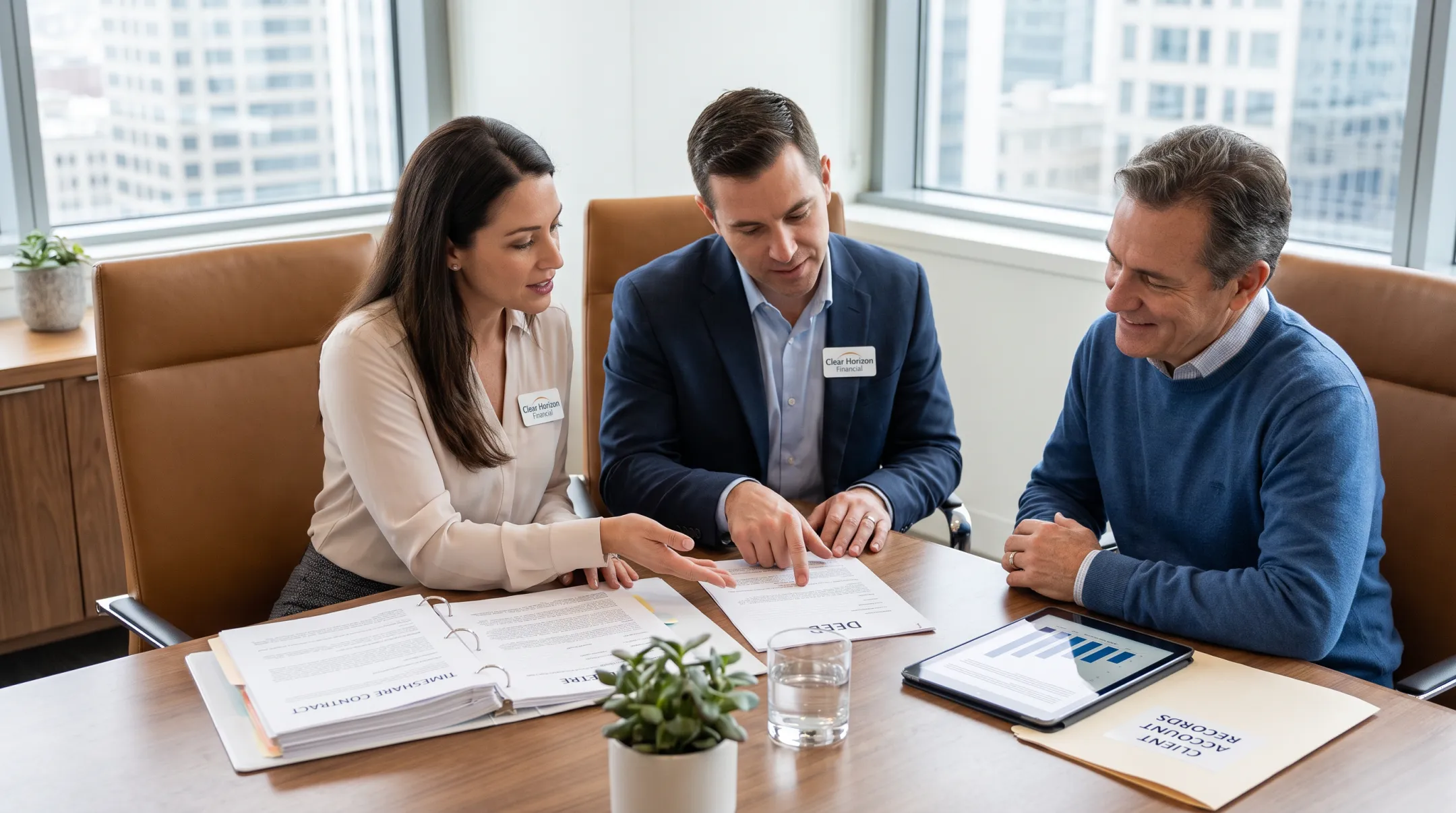 Clear Horizon Financial team reviewing timeshare documents with client