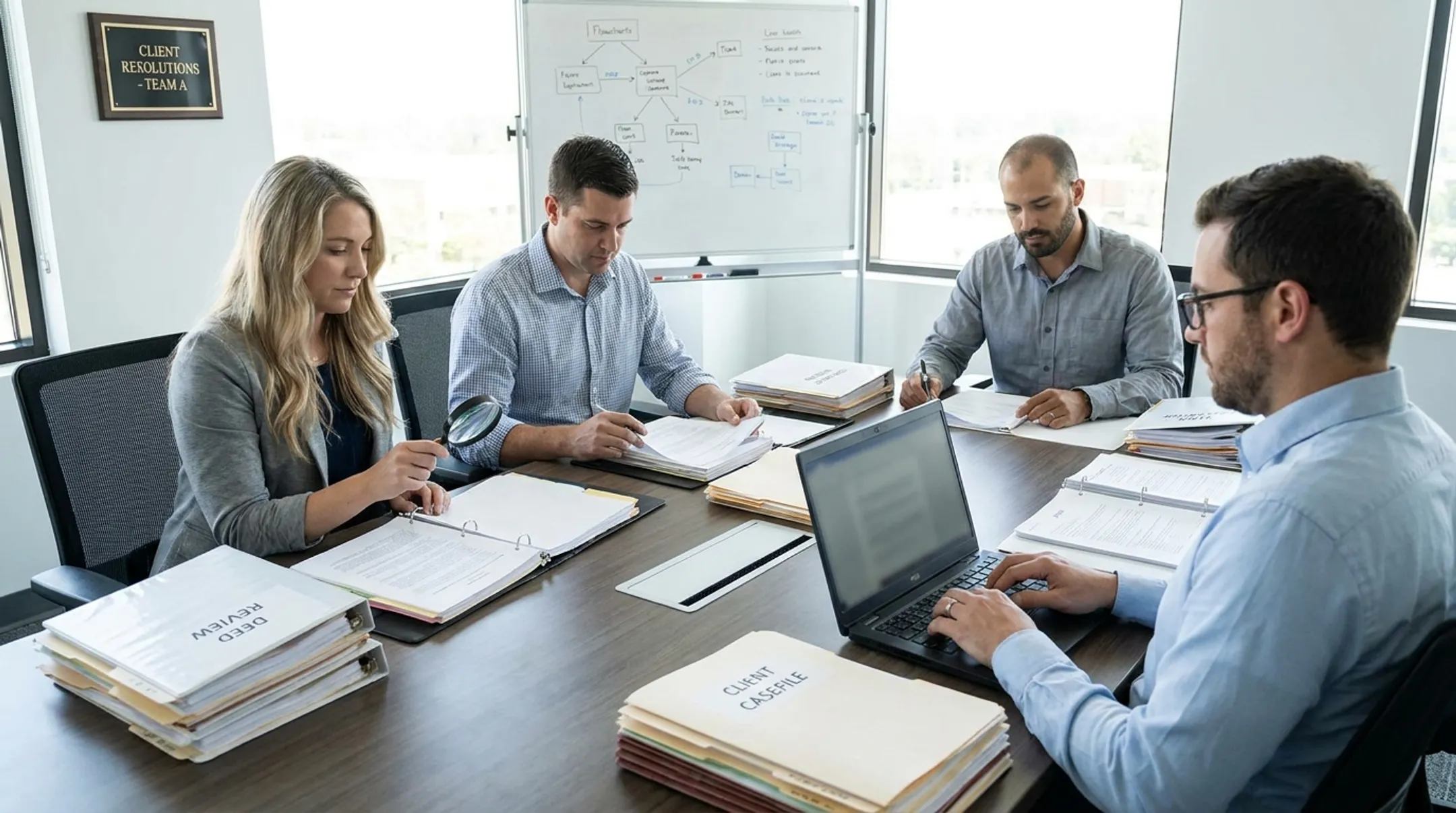 Financial review team analyzing timeshare deeds and contracts for clients