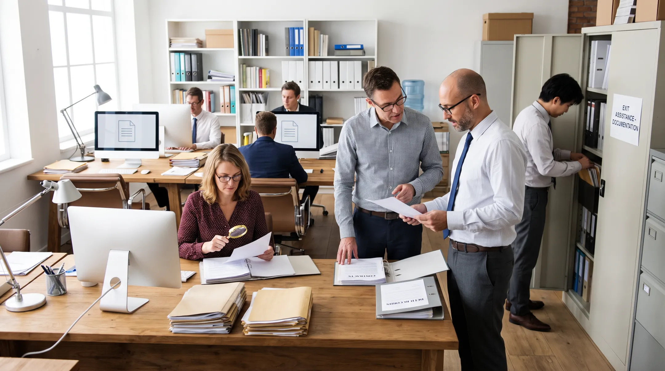 Timeshare exit case managers reviewing ownership documents with client records