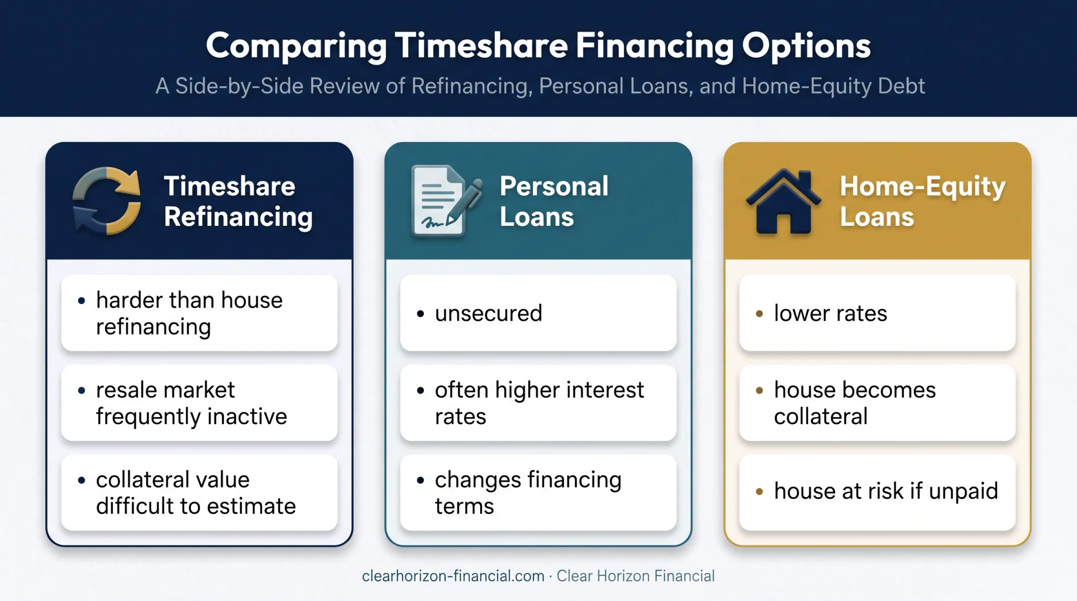 Timeshare refinancing alternatives and financial risk comparison