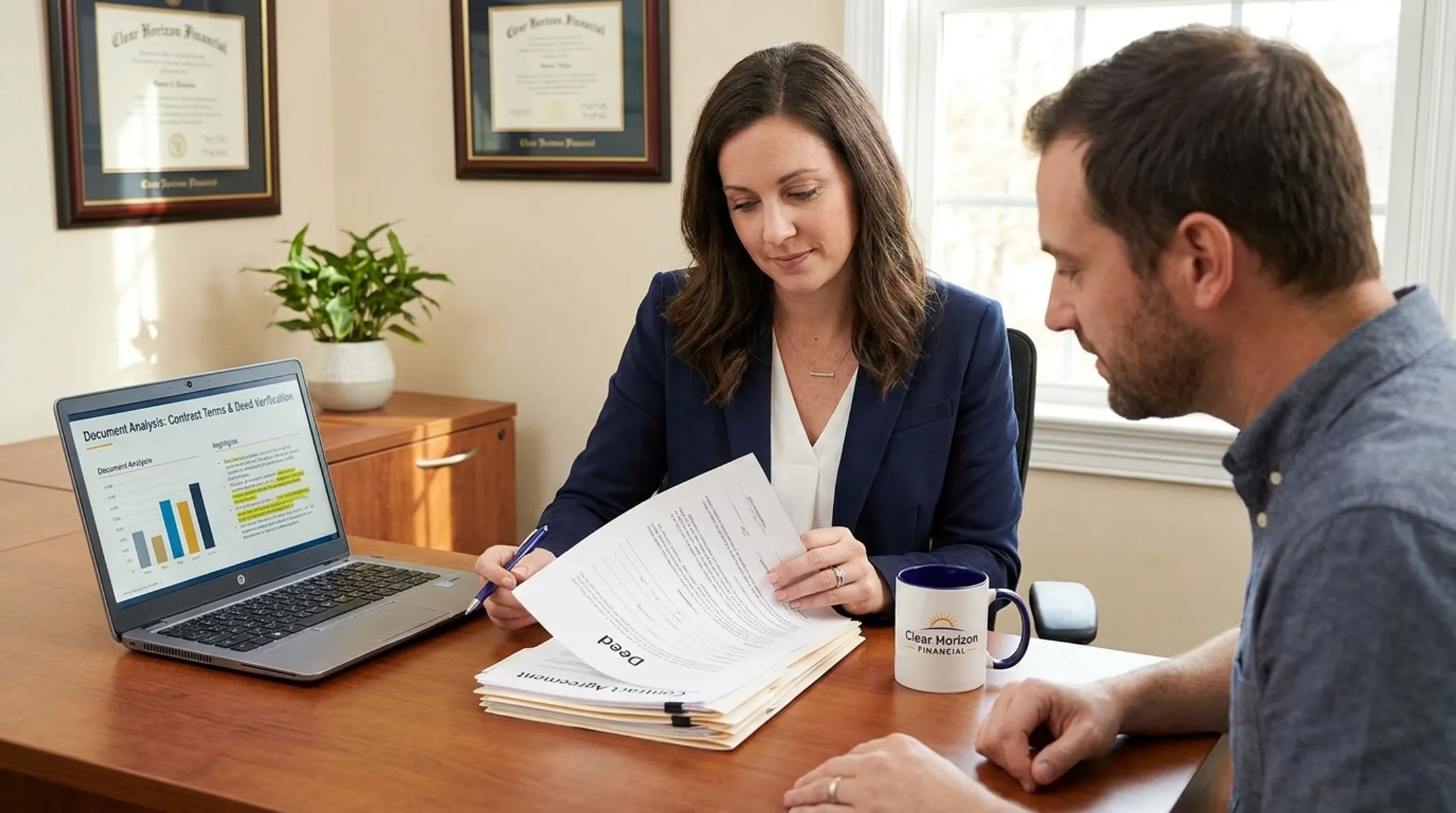 Clear Horizon Financial case manager reviewing timeshare deed and contract documents