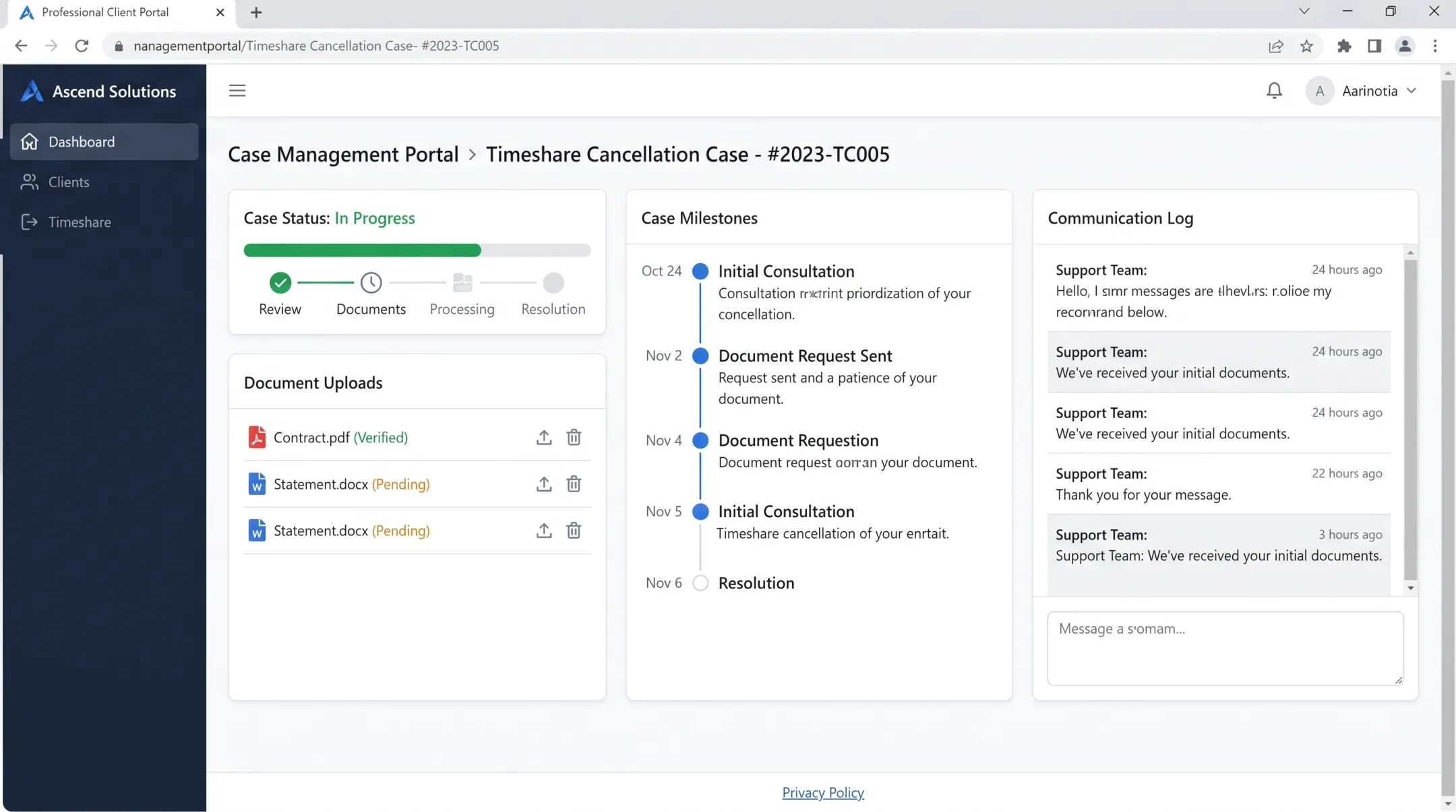 Private case portal dashboard tracking timeshare contract review and cancellation progress