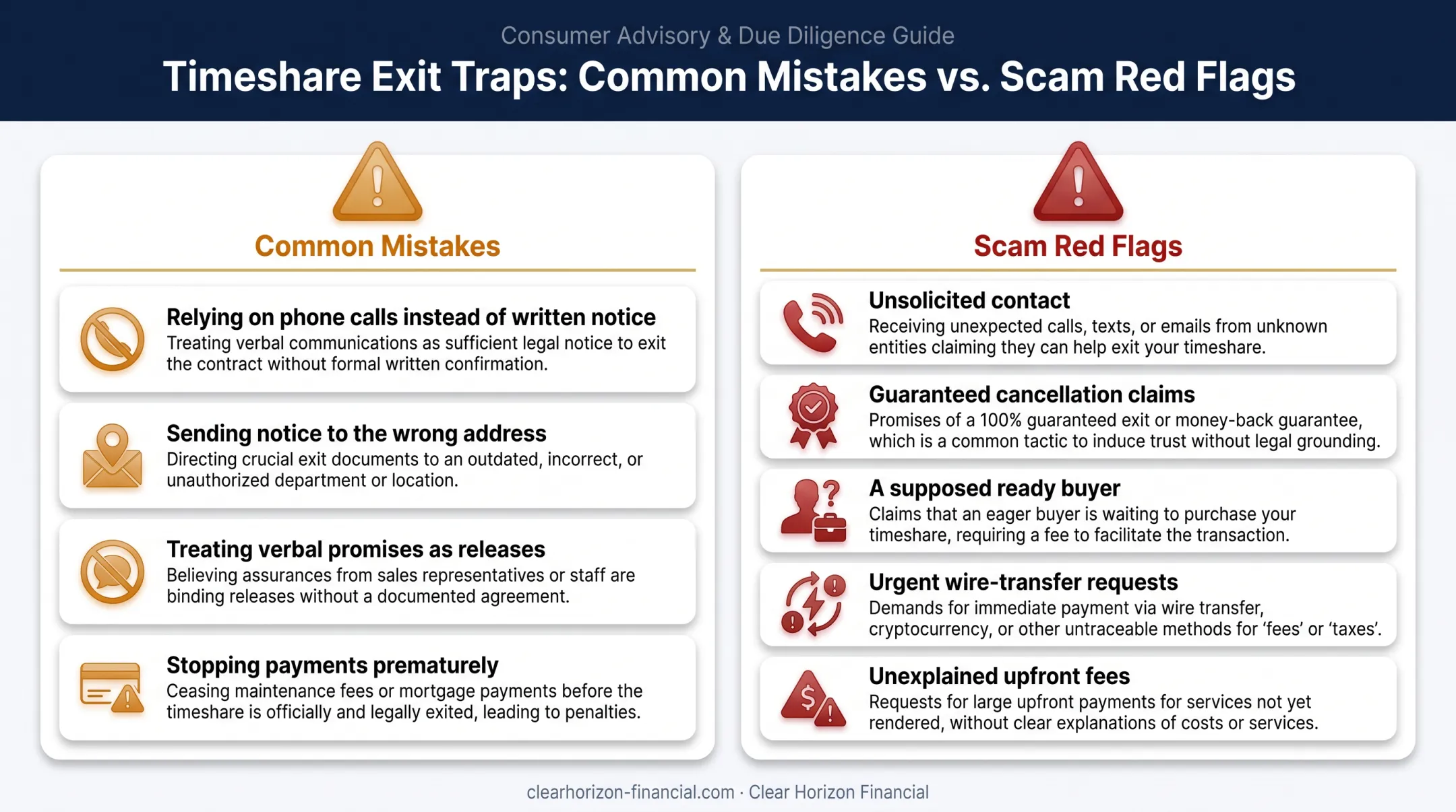 timeshare exit scam warning signs and common owner mistakes infographic