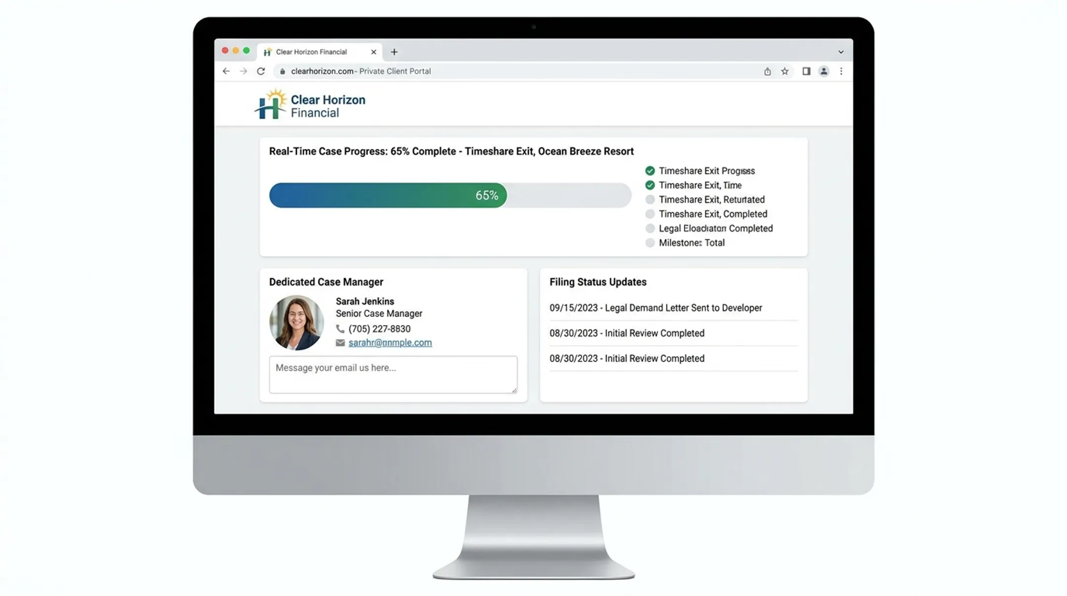 Clear Horizon Financial client portal dashboard tracking timeshare case progress