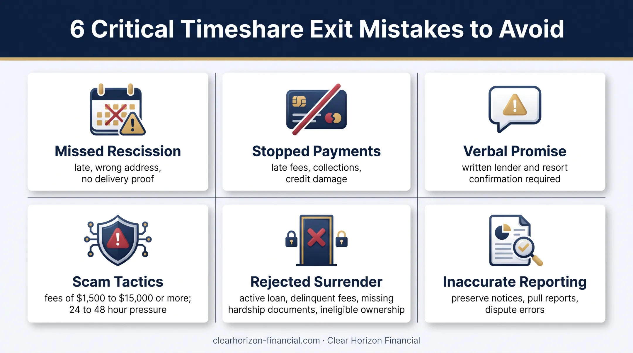 Six common timeshare exit mistakes and consequences infographic