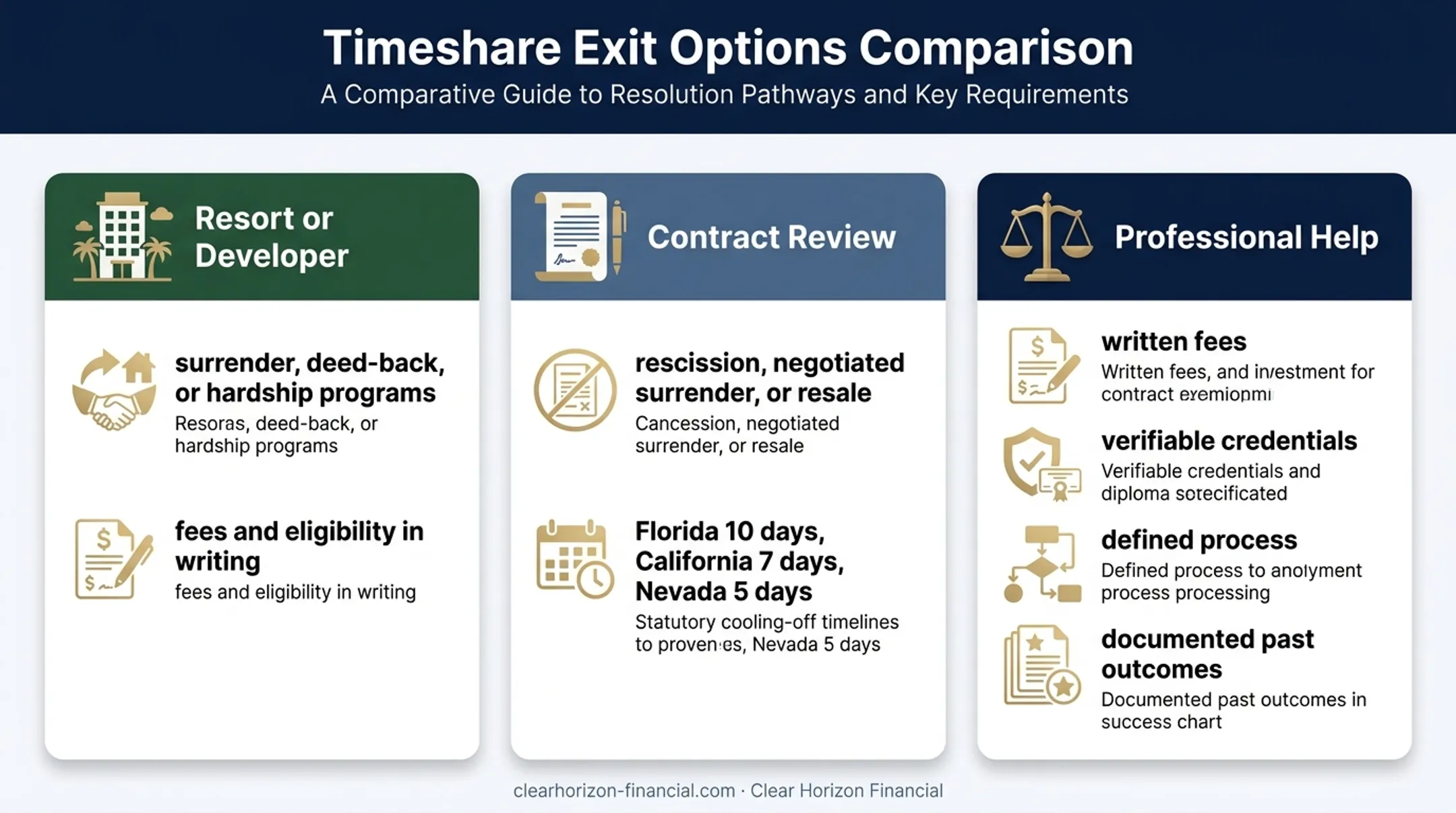 Three legitimate timeshare exit options with requirements and deadlines
