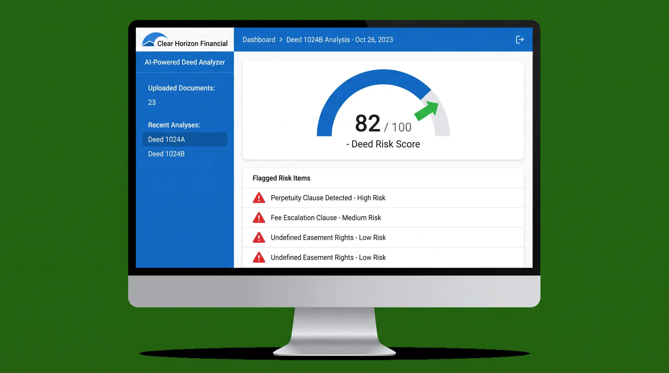 AI-powered timeshare deed analyzer dashboard showing contract risk score
