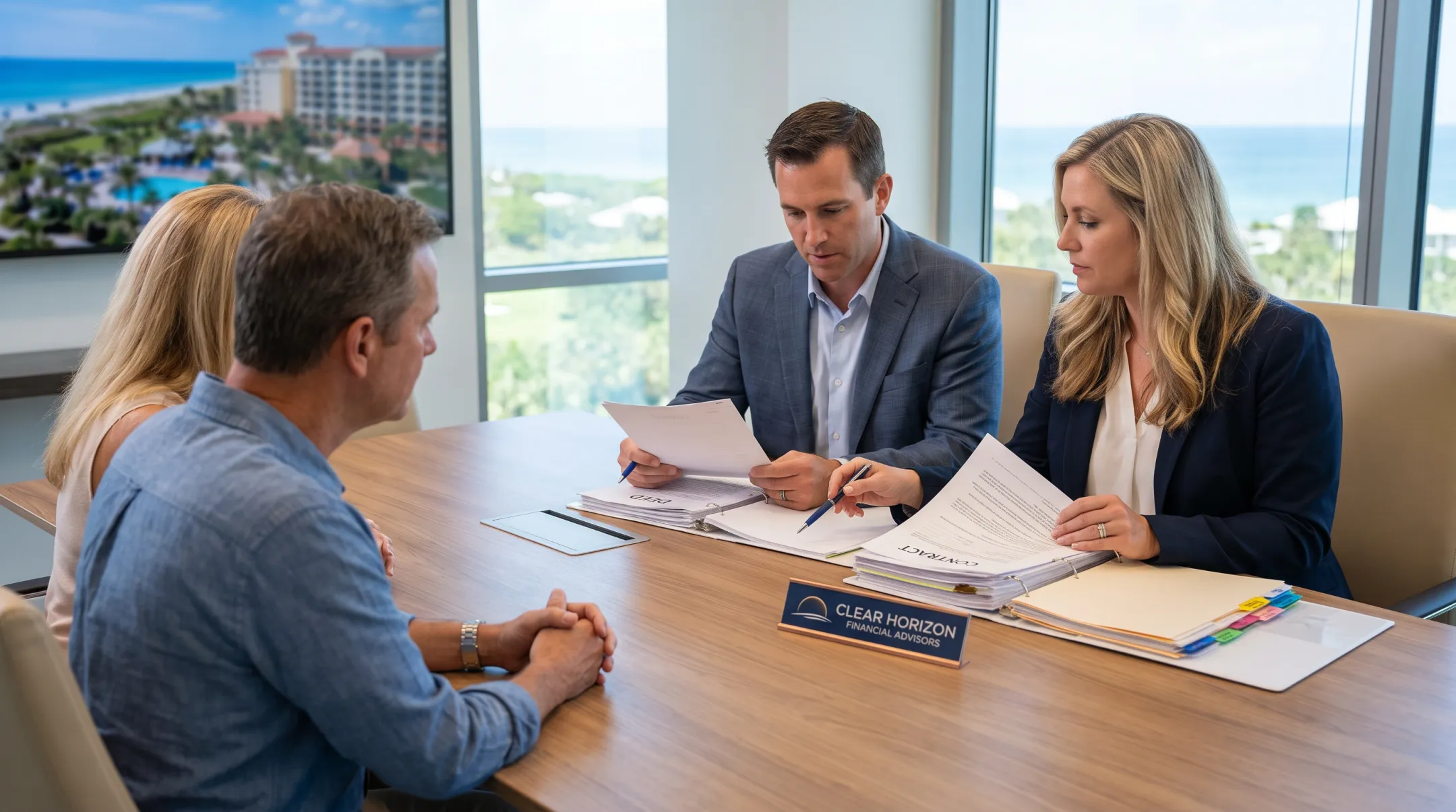 Financial advisors reviewing timeshare contract documents with client