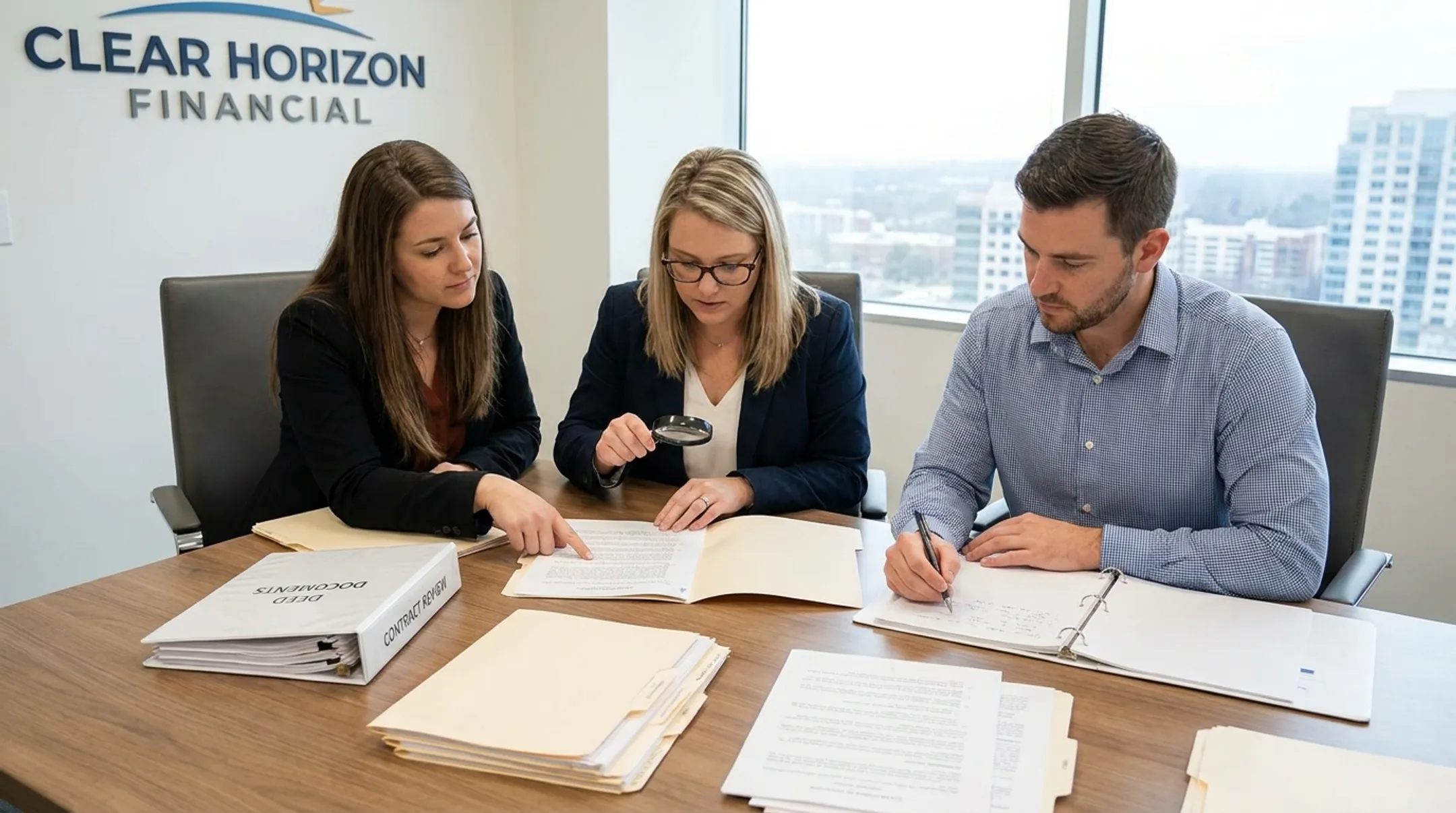 Clear Horizon Financial analysts reviewing timeshare contracts and deed documents