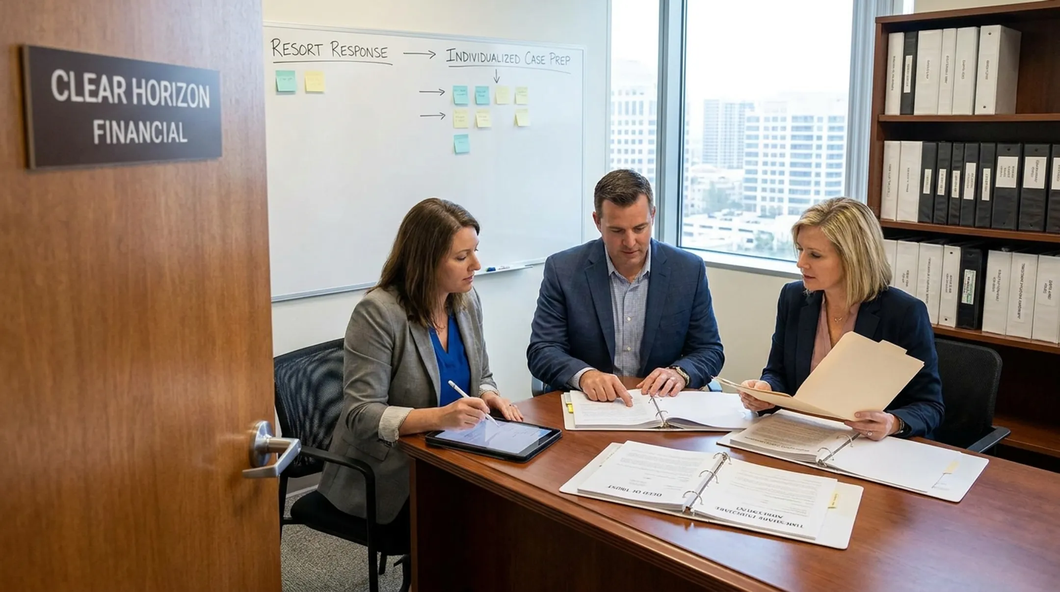 Clear Horizon Financial case managers reviewing timeshare contracts