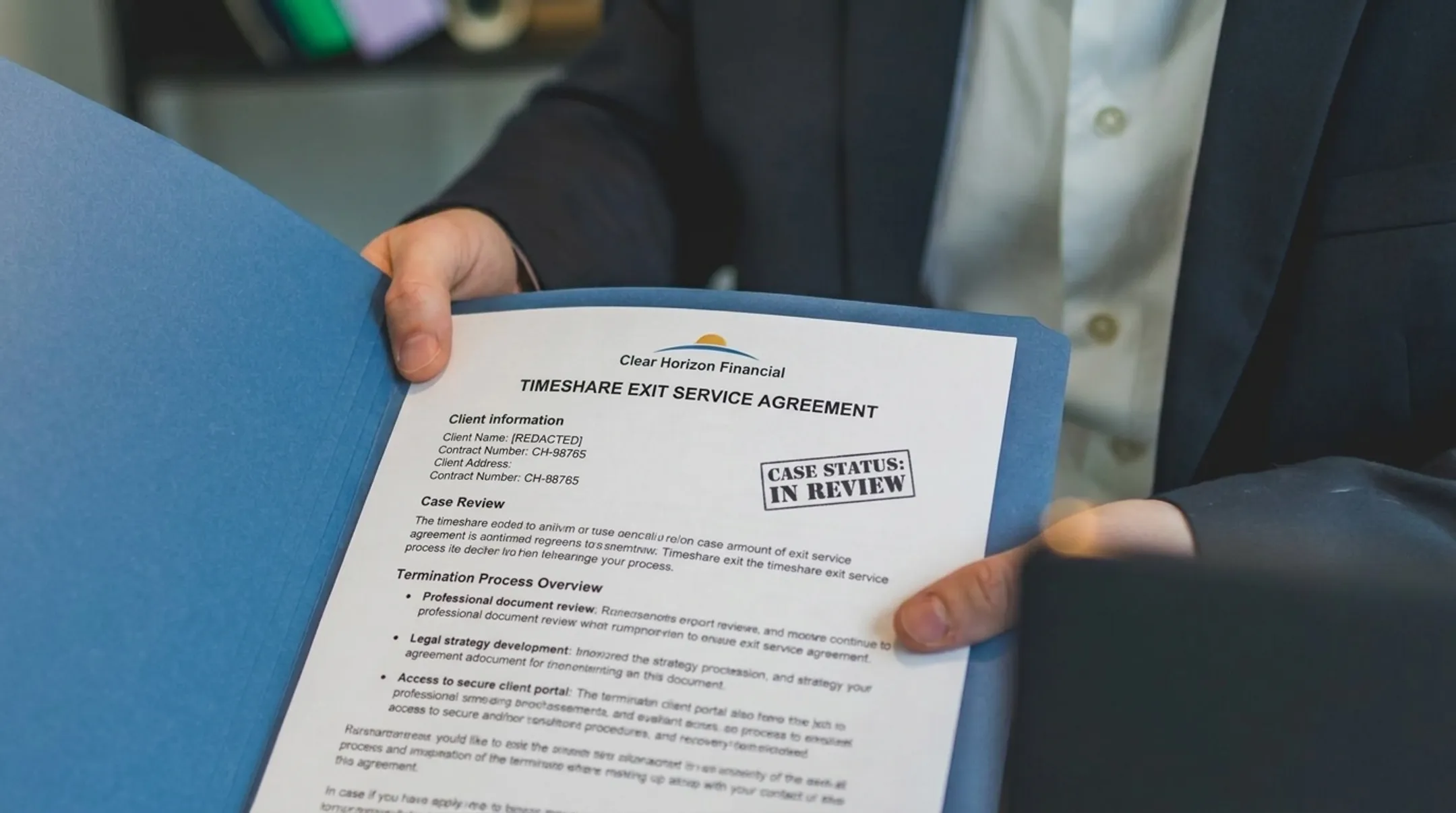 Clear Horizon Financial case manager reviewing timeshare exit documents