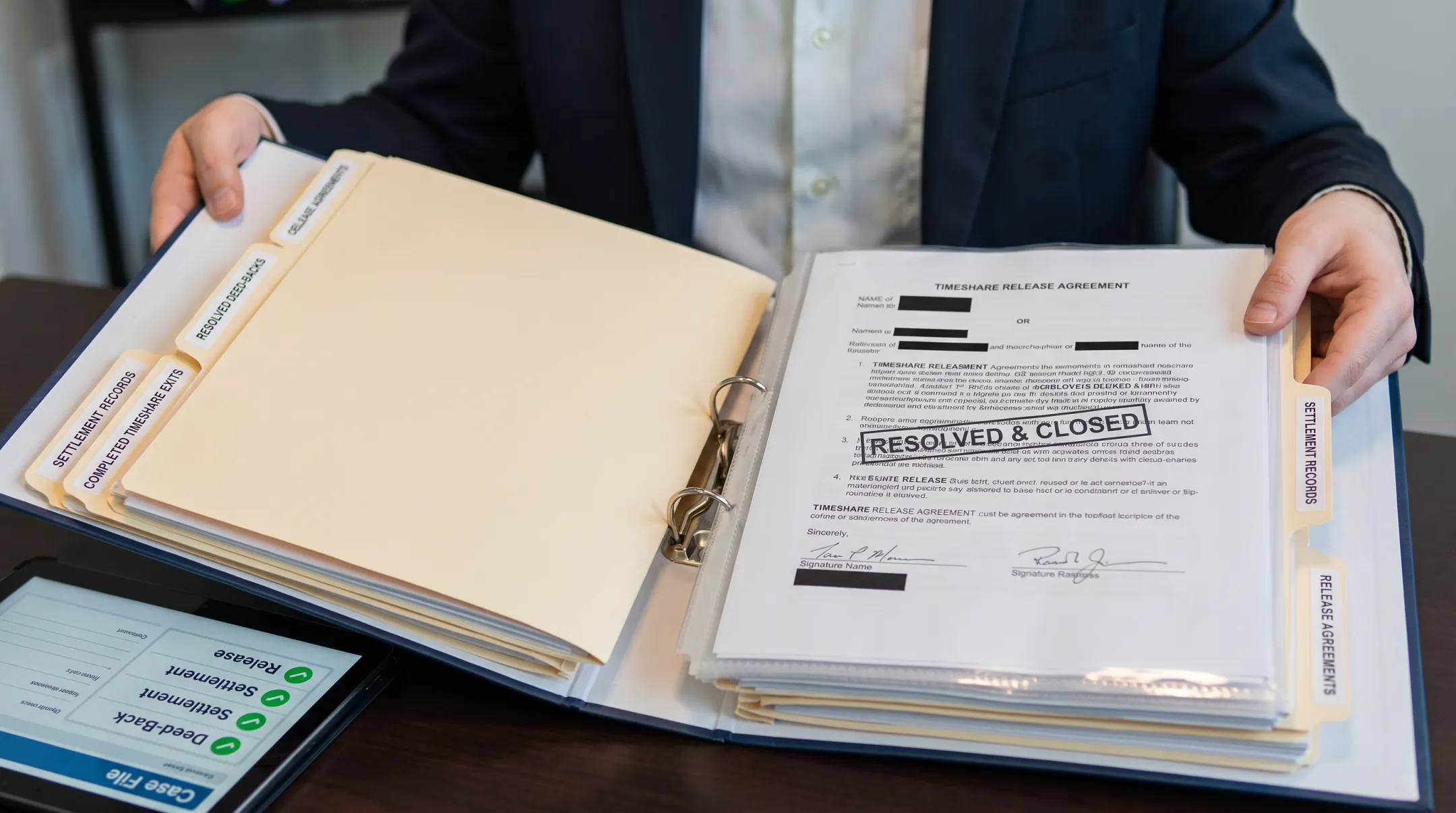 Documented timeshare exit case files showing completed deed-back and release records