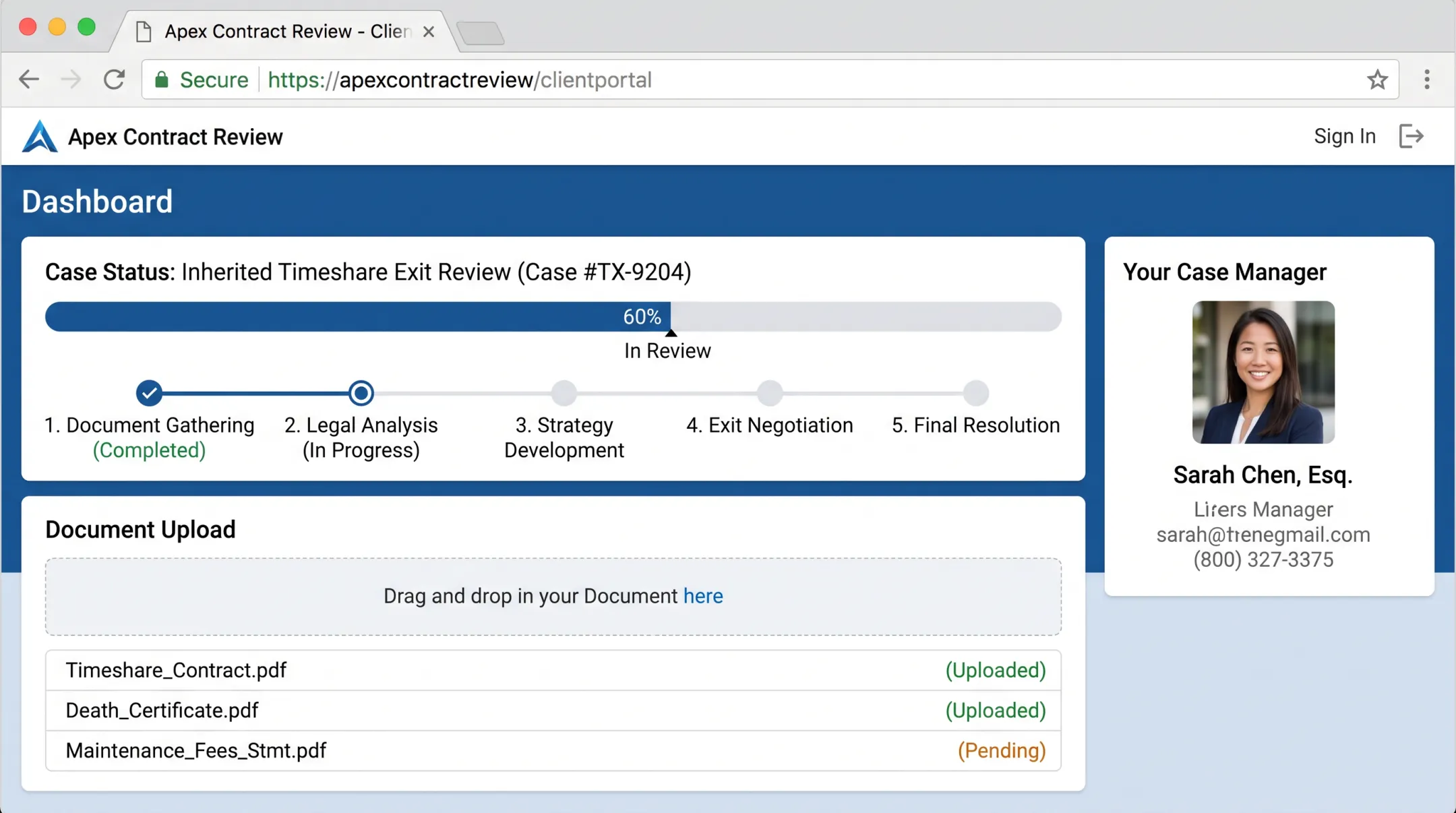 Contract review service dashboard tracking inherited timeshare exit case progress