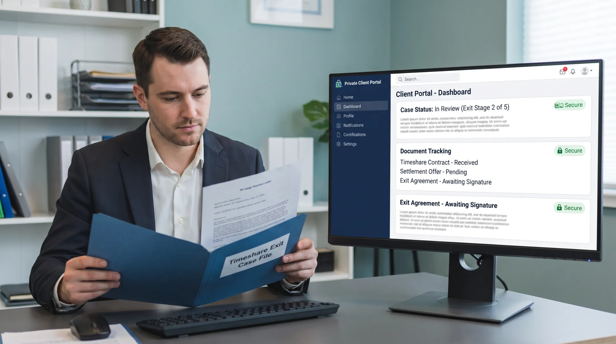 Case manager reviewing timeshare exit file in client portal
