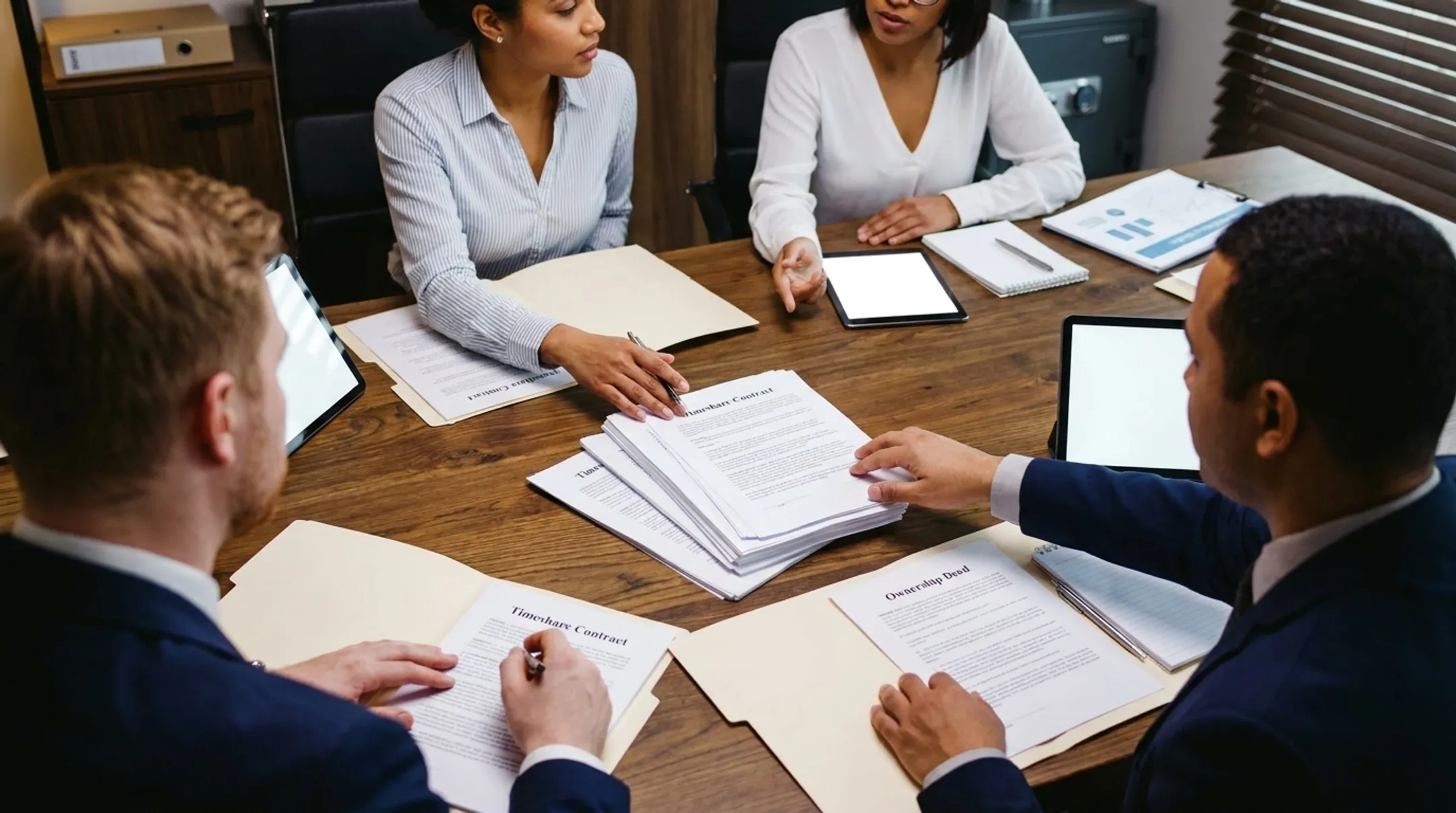 Timeshare contract review team handling client exit case documentation