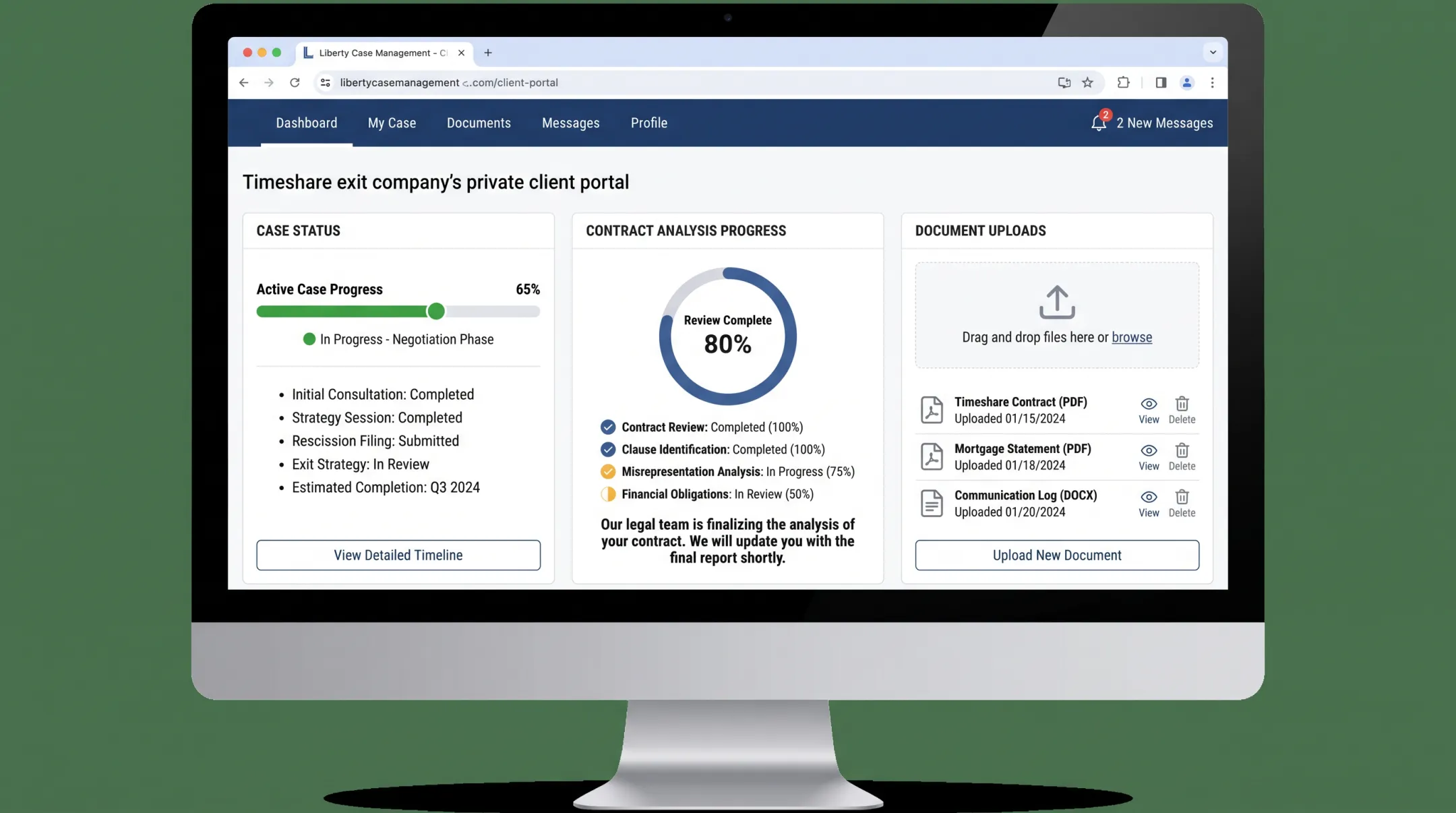 Clear Horizon Financial client portal dashboard displaying case management tools
