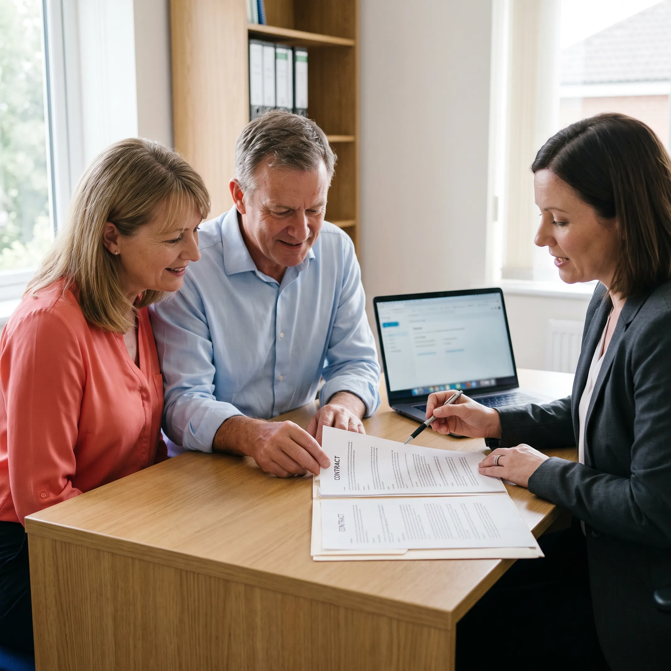Couple reviewing timeshare cancellation documents with an advisor