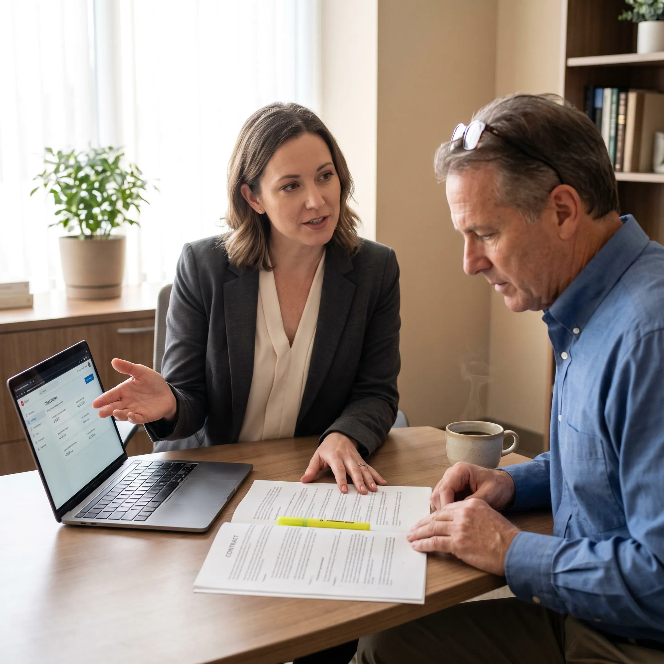 Advisor guiding client through timeshare exit paperwork