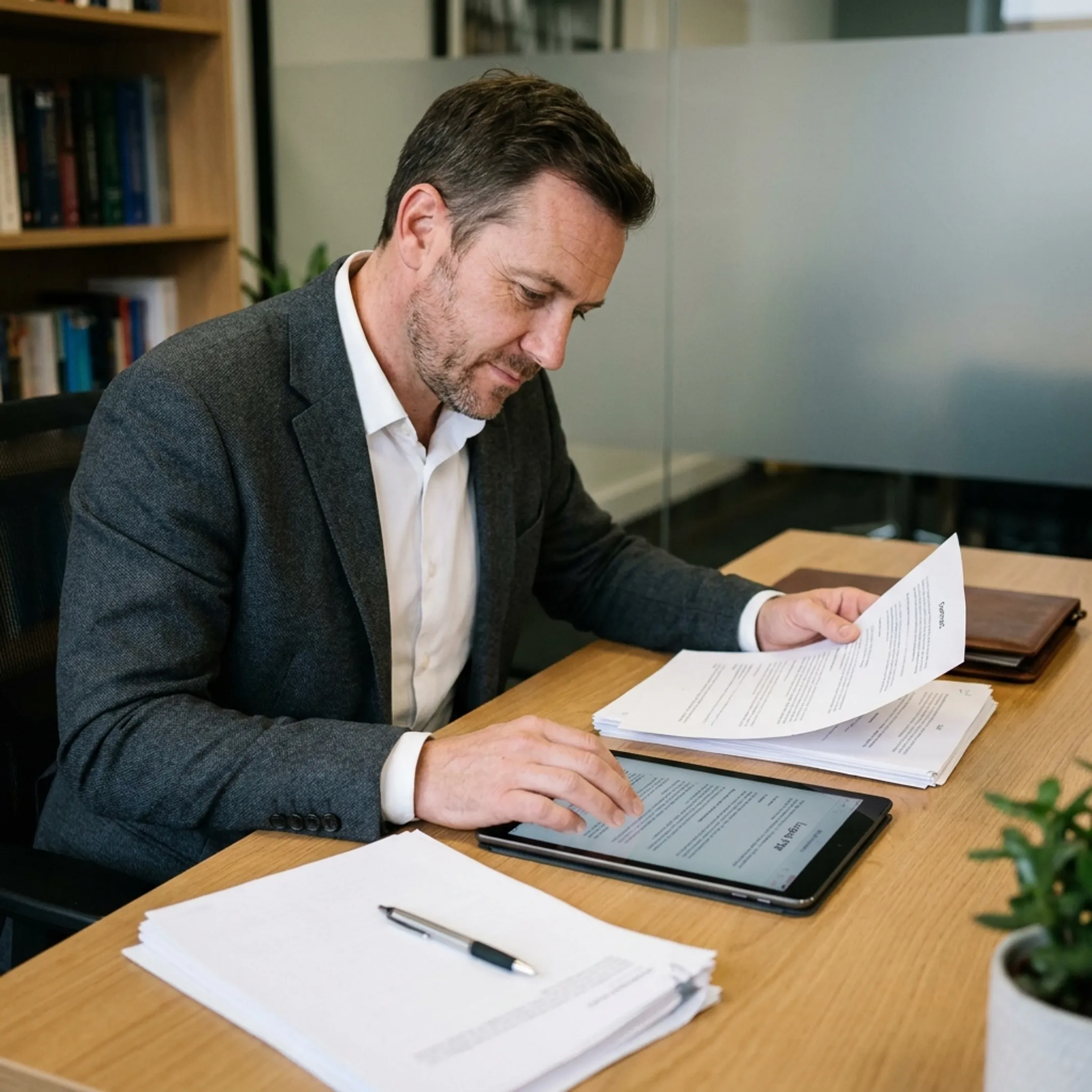 Legitimate timeshare relief consultant reviewing contract documents in a bright office