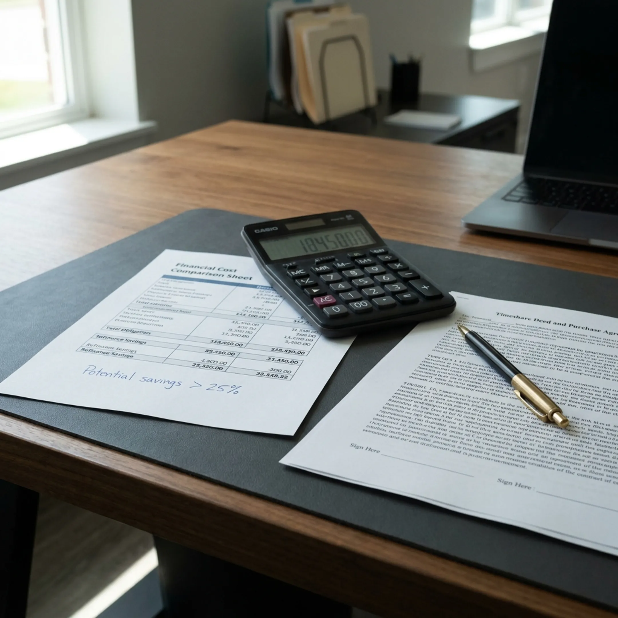 Financial cost comparison document and timeshare contract on desk