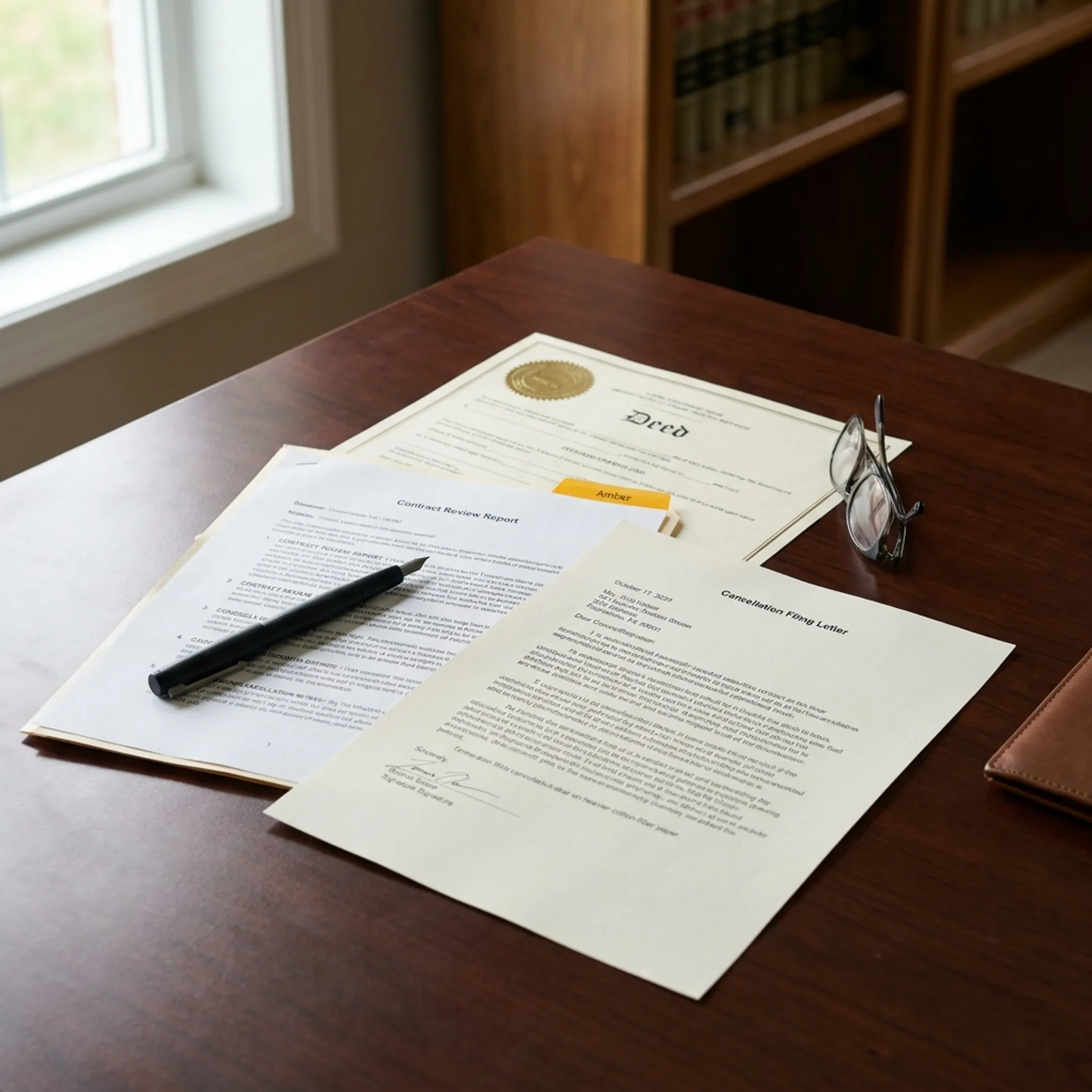 Timeshare contract documents and exit evaluation paperwork on an office desk
