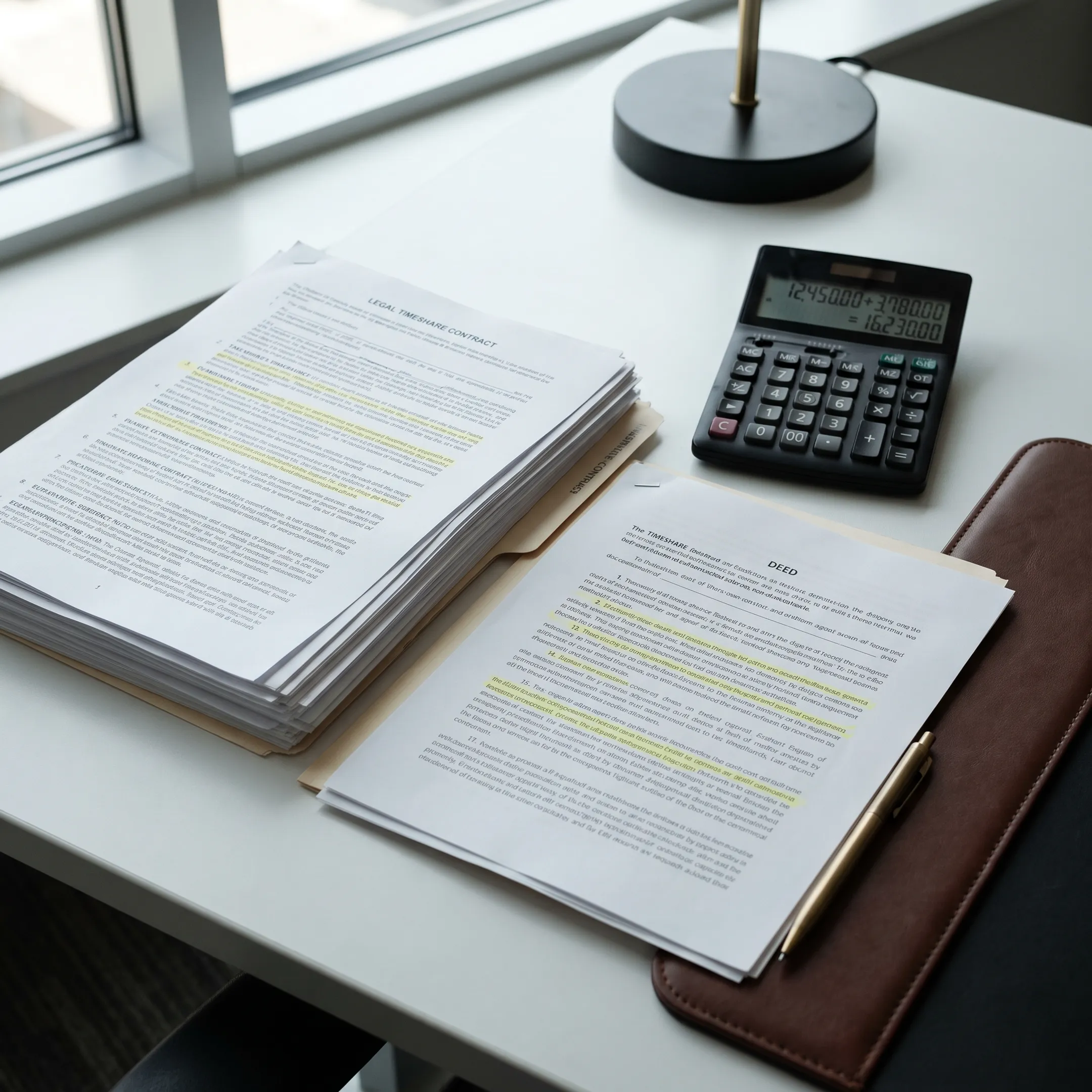 Timeshare contract documents and calculator showing vacation club exit expenses