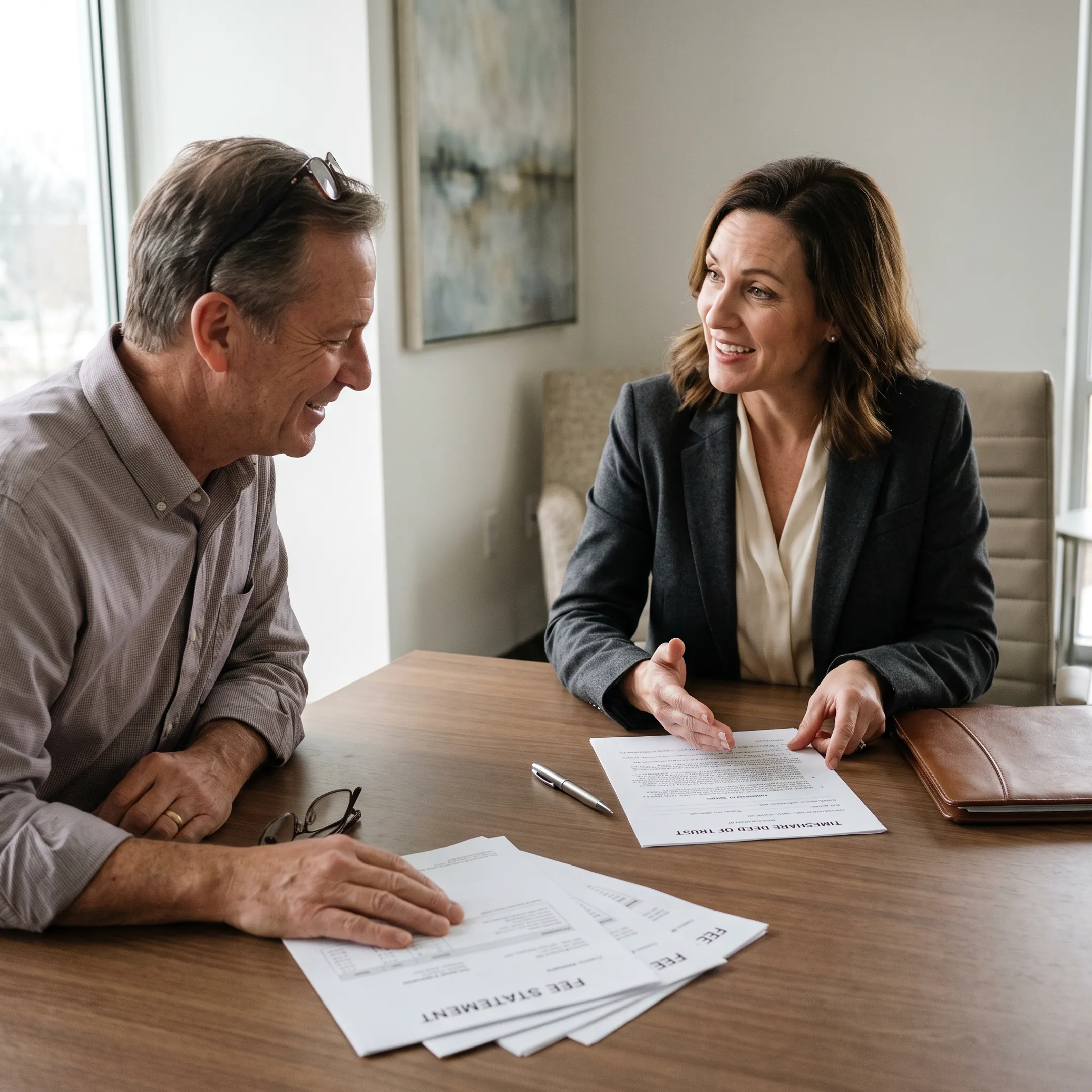 Case manager reviewing timeshare contract financial documents with client