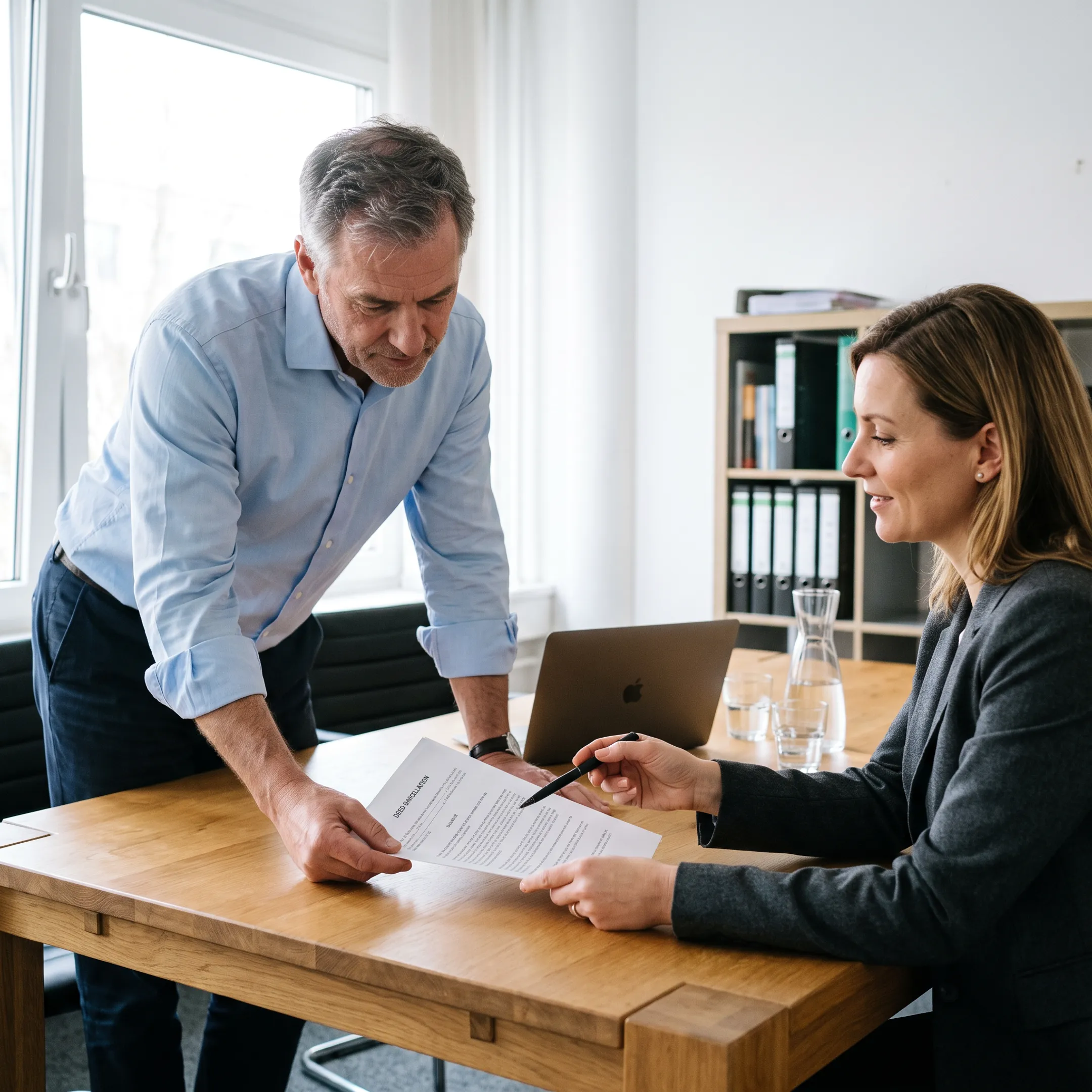 Timeshare owner reviewing deed cancellation documents with a closing specialist