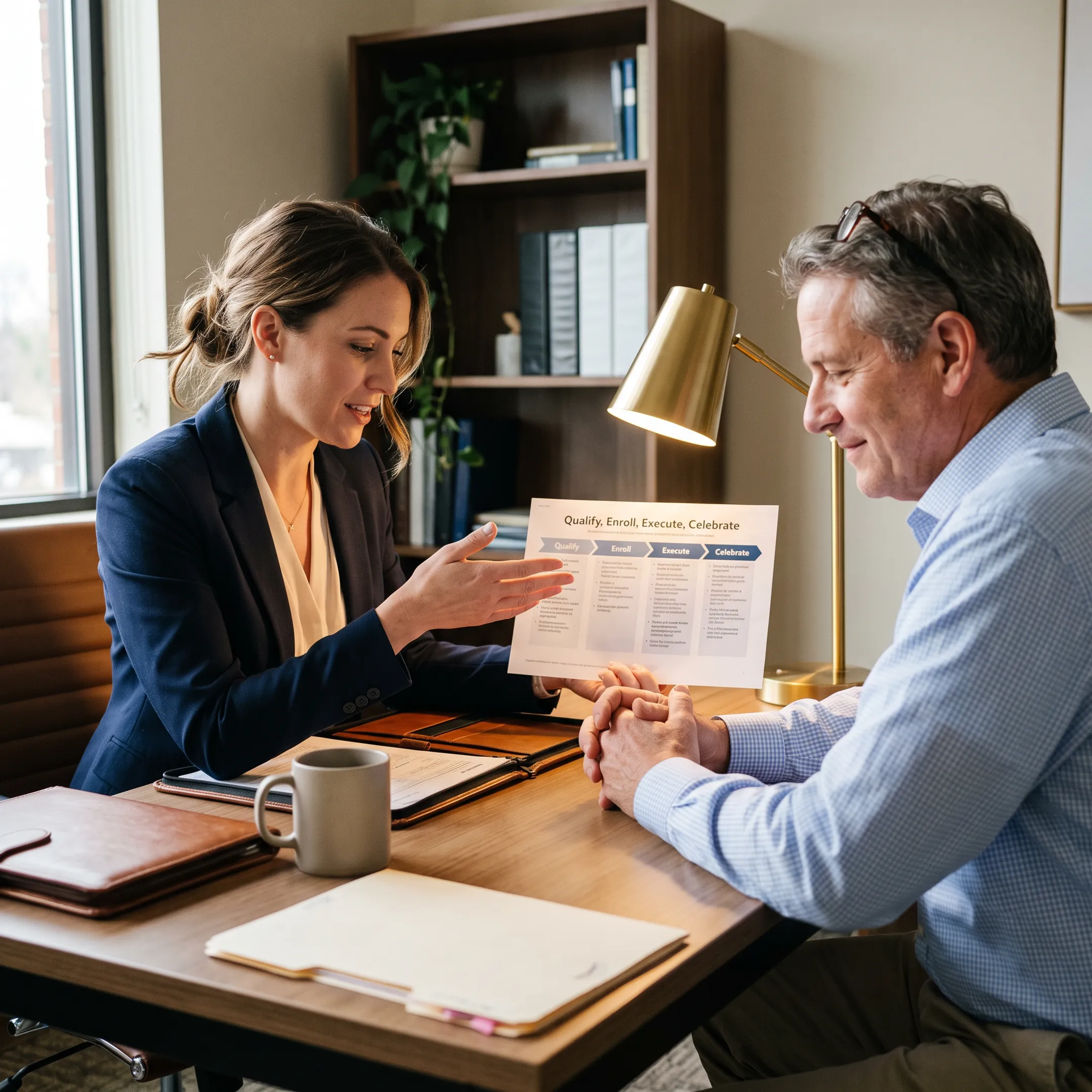 Case manager guiding client through timeshare exit steps