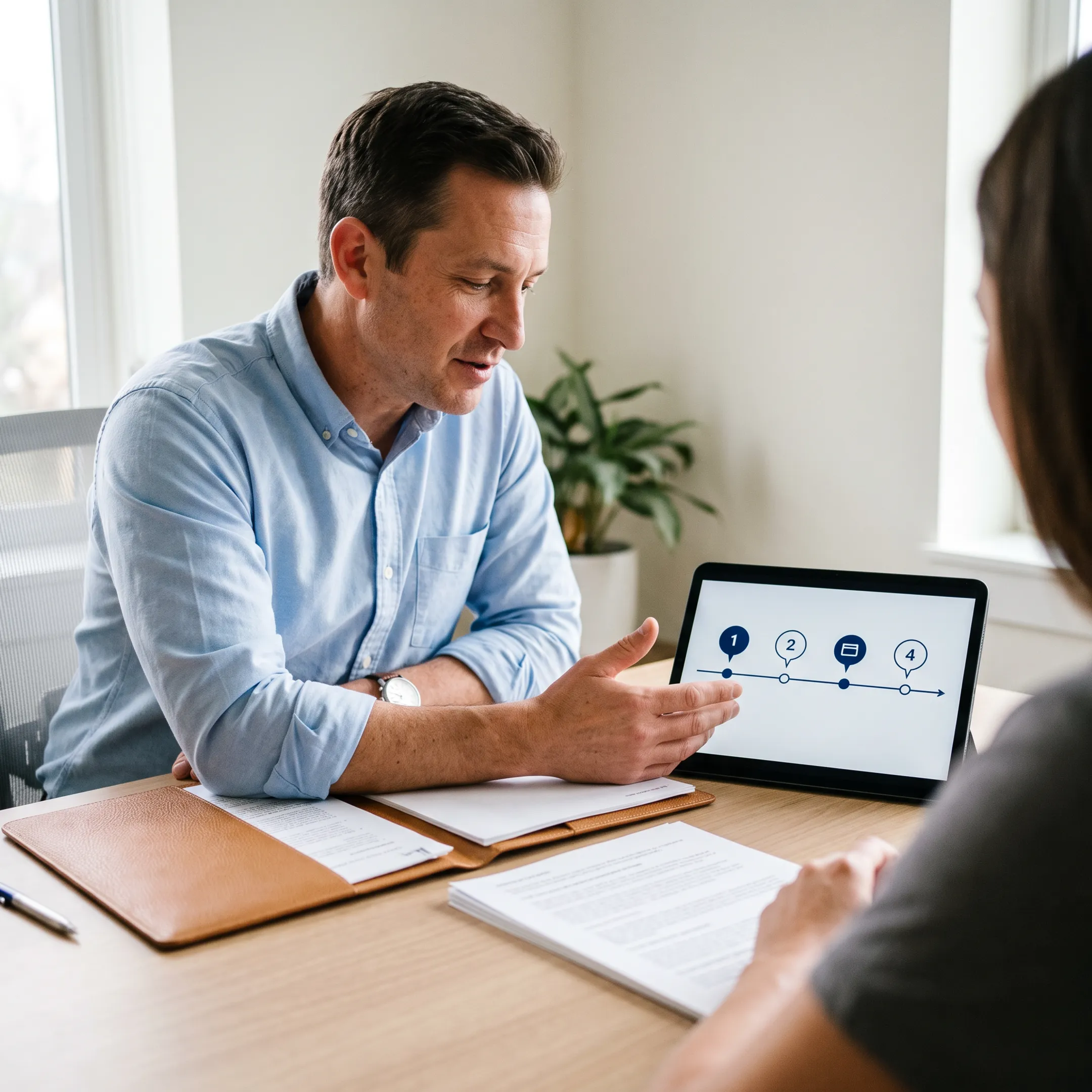 Dedicated case manager reviewing timeshare cancellation steps with a client