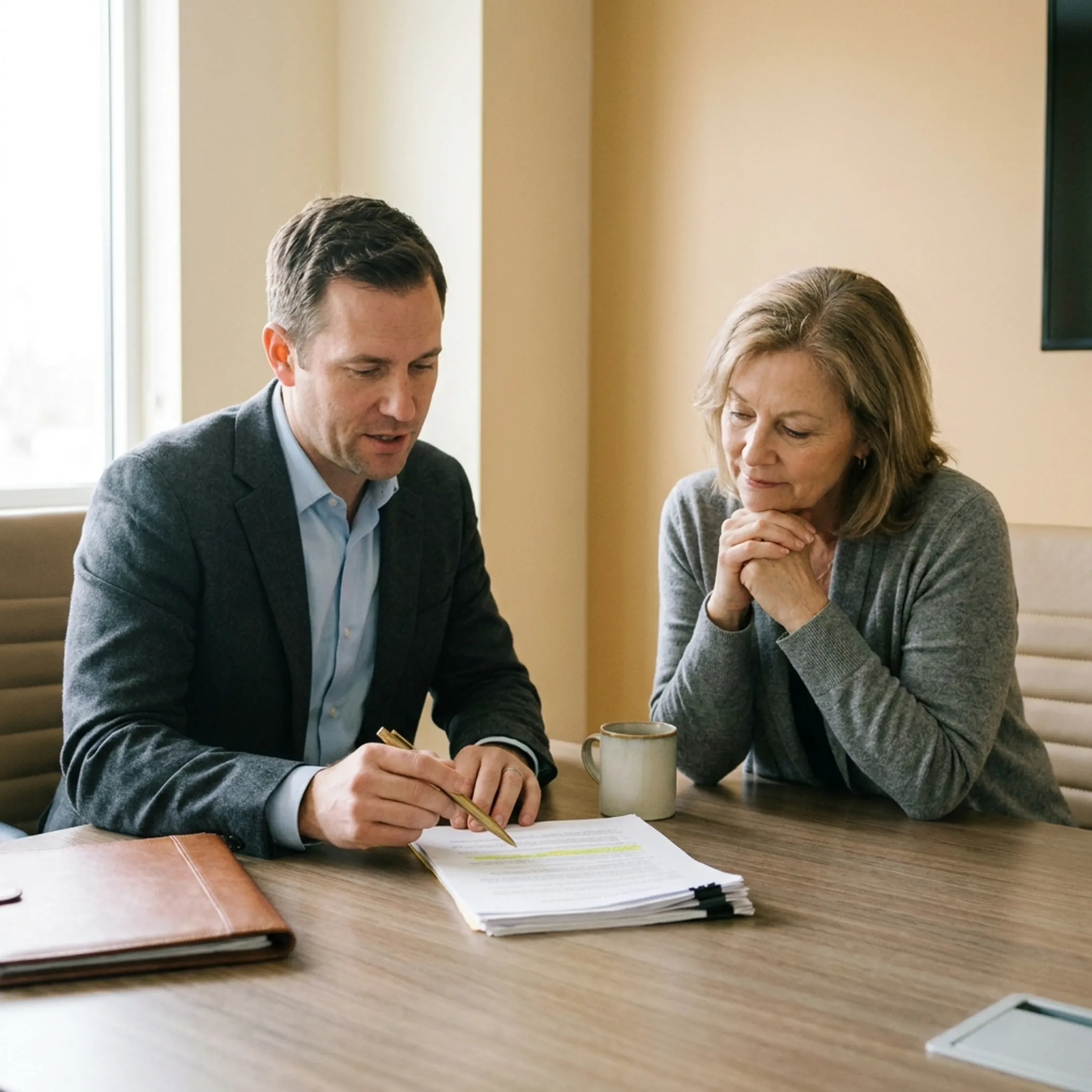 Case manager reviewing a timeshare cancellation file with a client