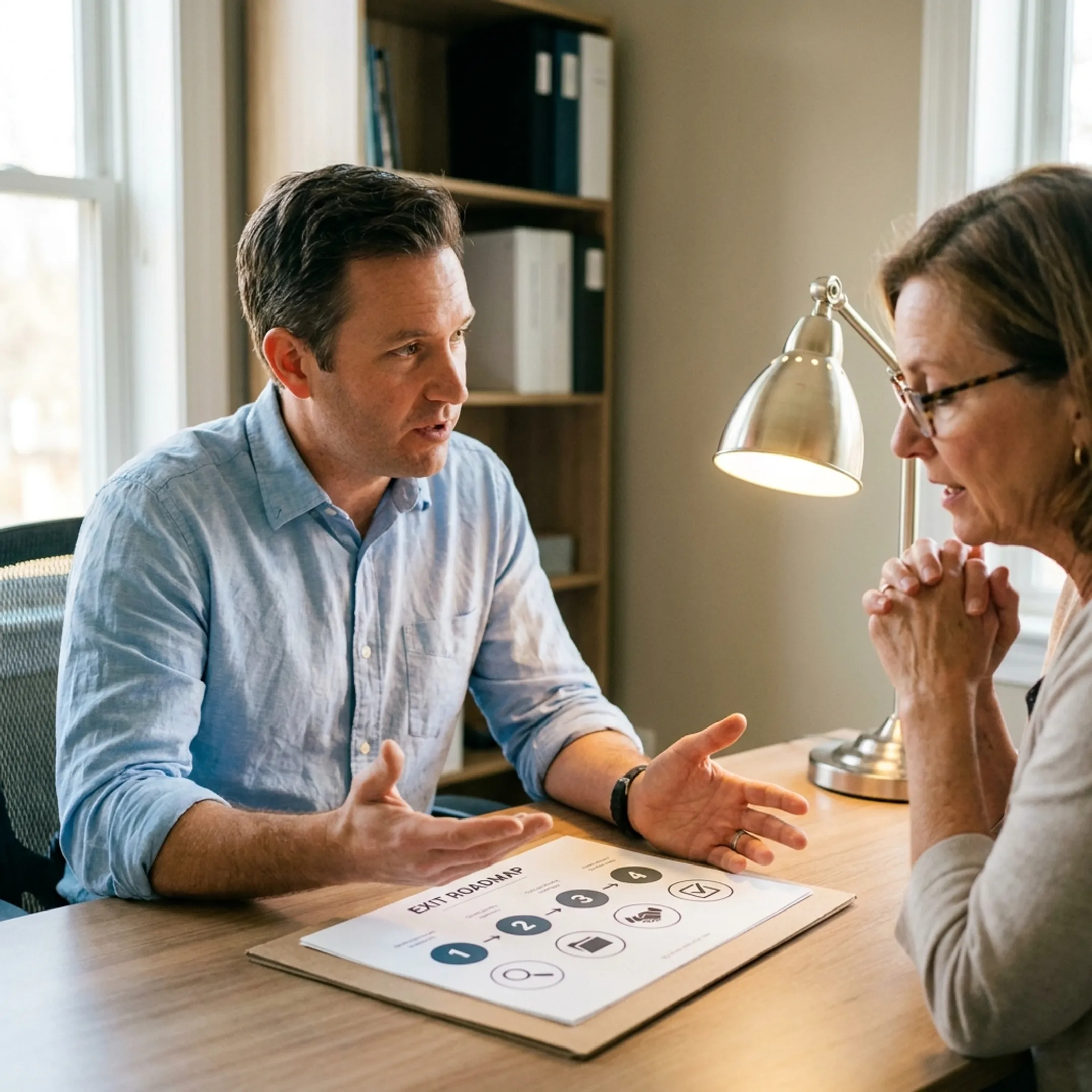 Timeshare exit specialist reviewing documents with a client