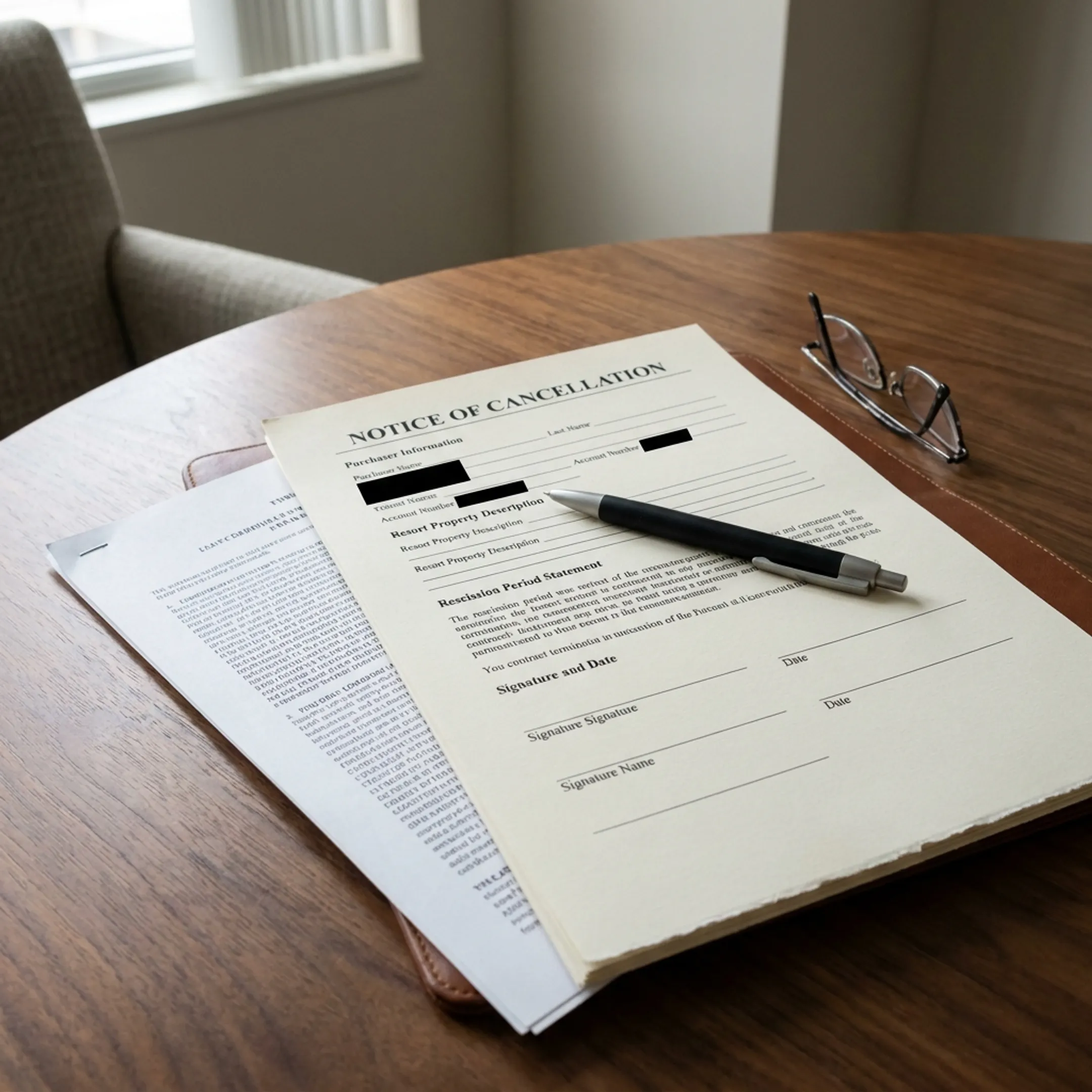 Nevada timeshare contract documents and rescission paperwork on a desk