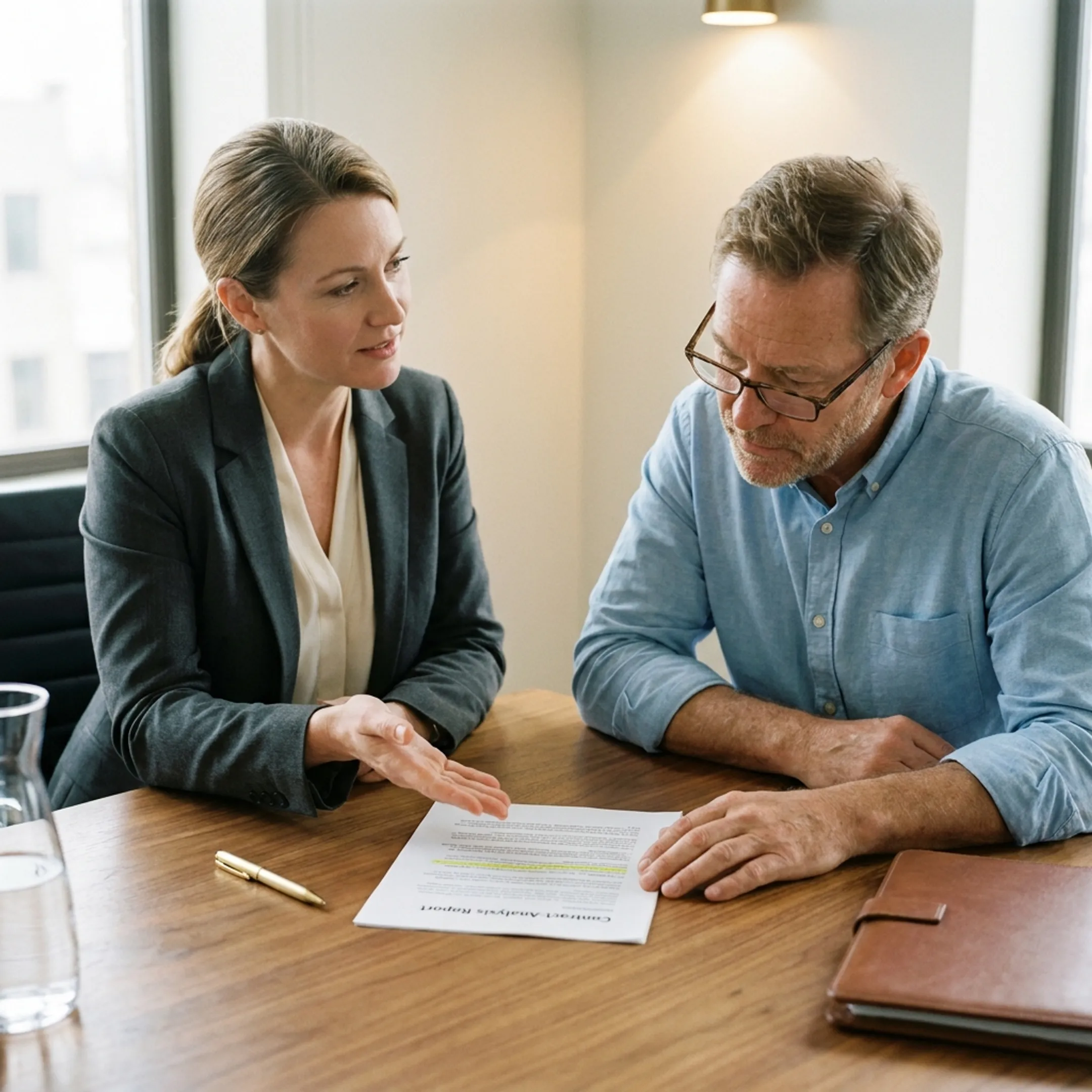Case manager explaining timeshare cancellation documents to an owner