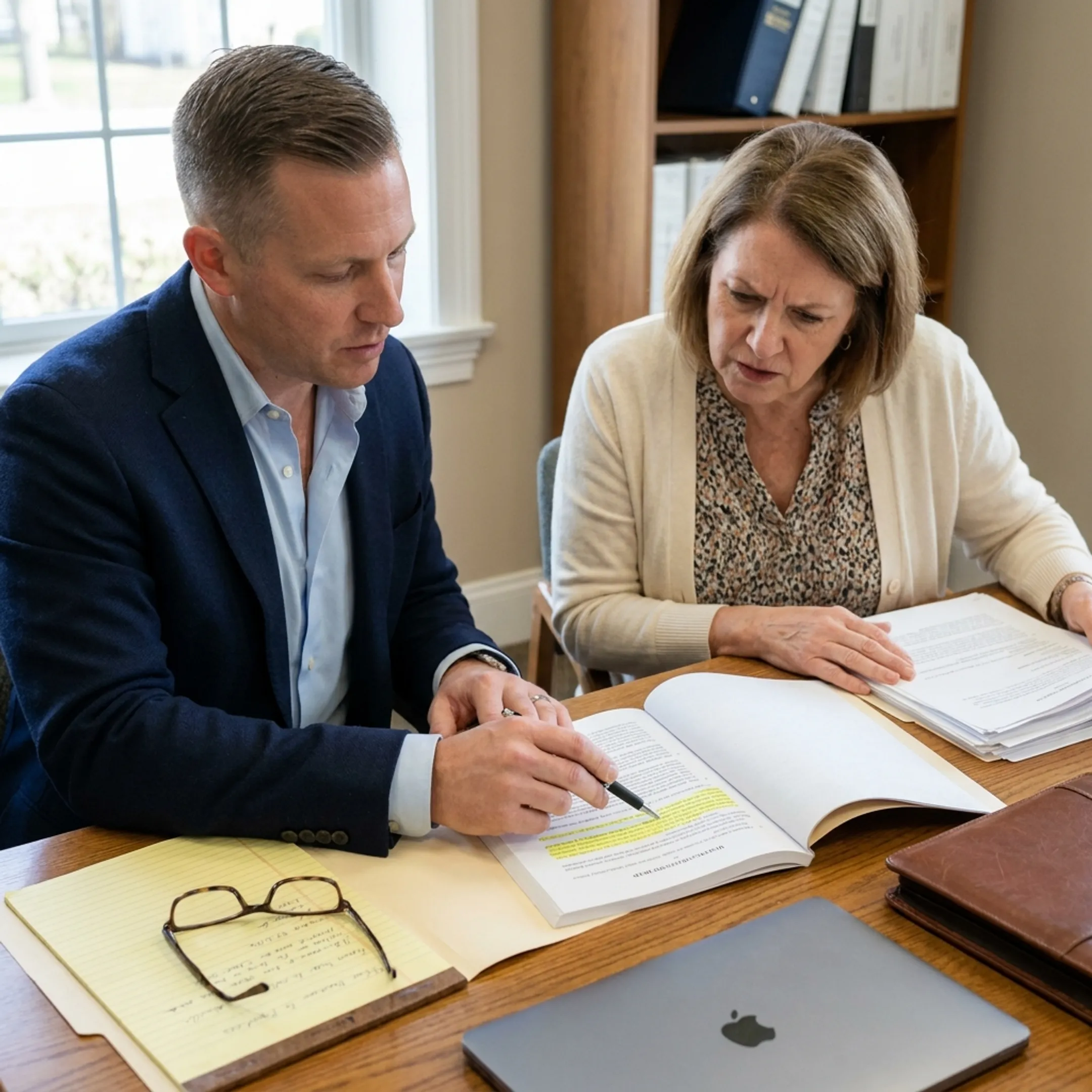Case specialist reviewing timeshare documents and cancellation strategy