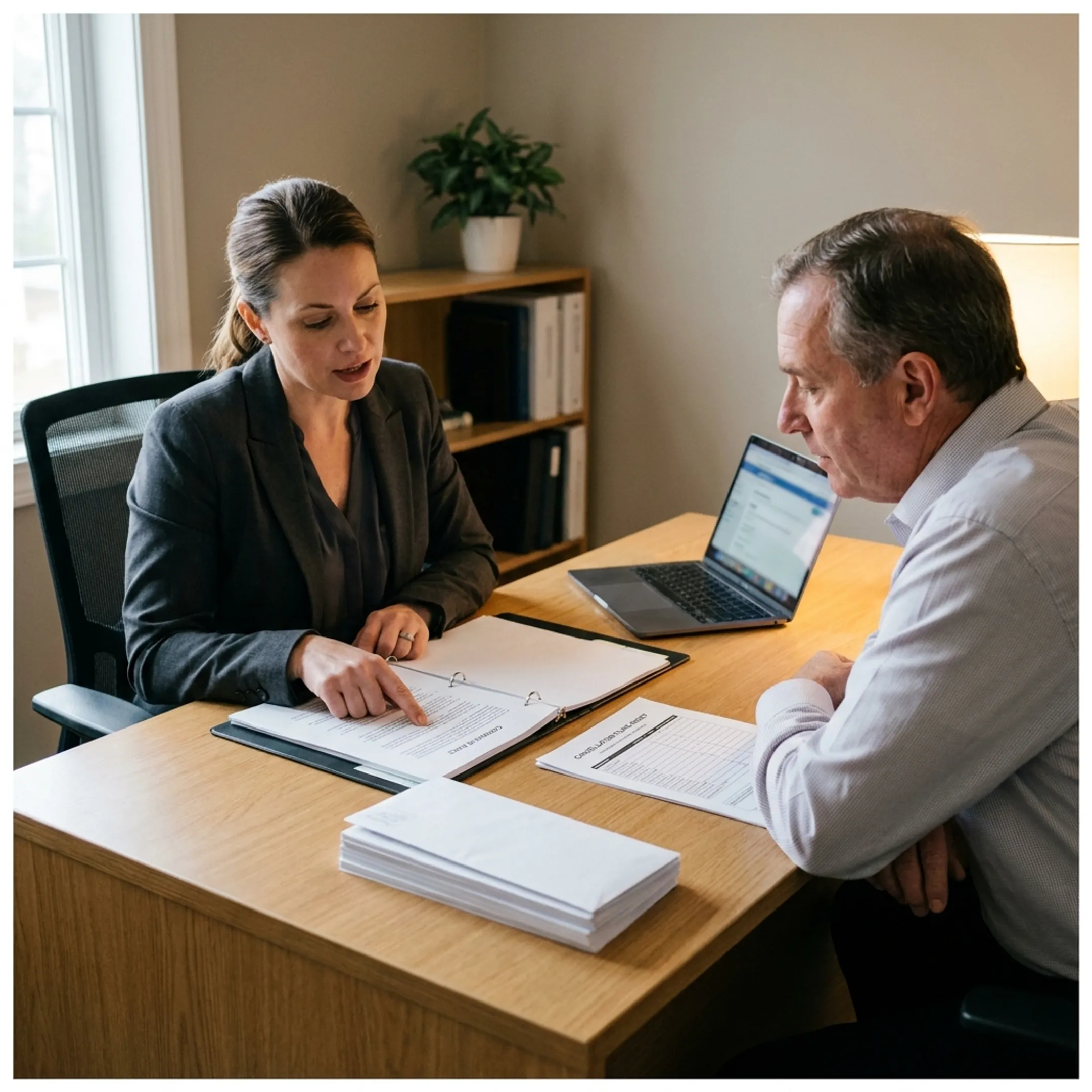 Timeshare owner reviewing cancellation documents with a case manager