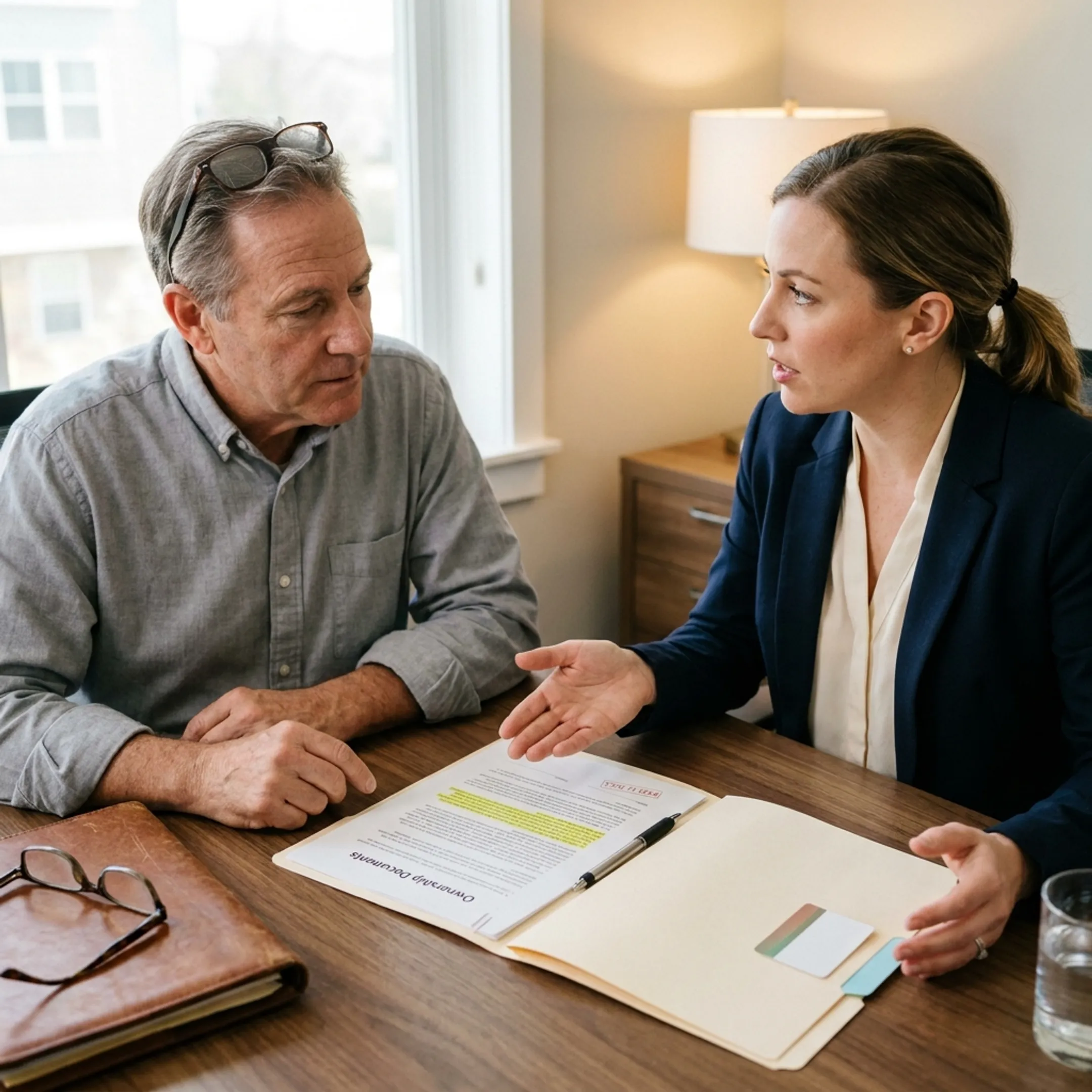 Timeshare owner reviewing cancellation documents with a case manager