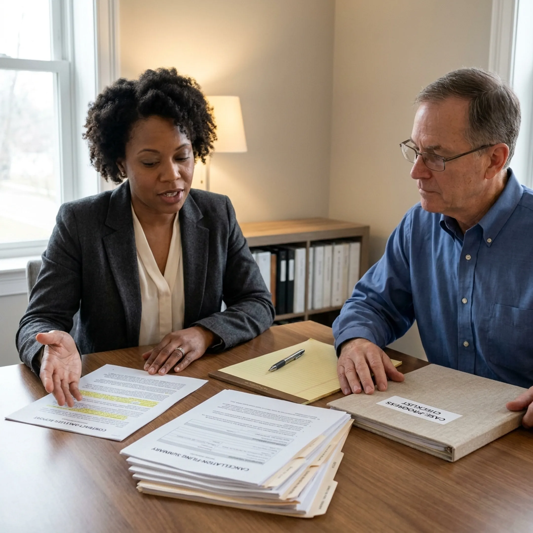 Case manager explaining timeshare cancellation documents to a client
