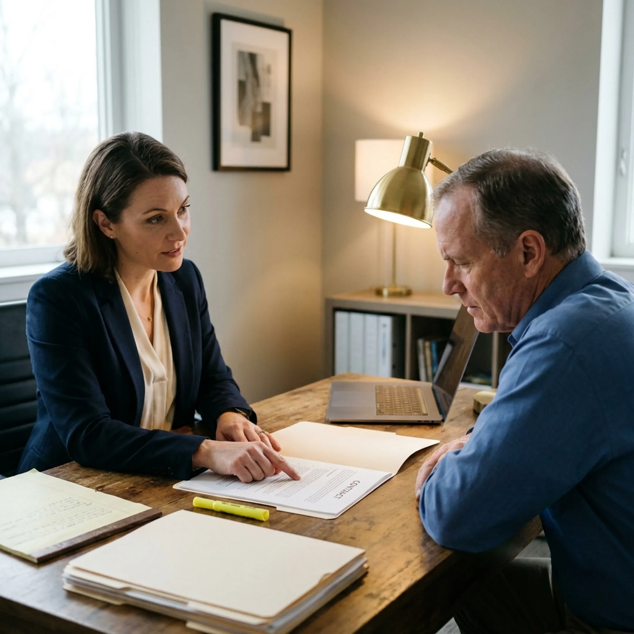 Timeshare exit specialist reviewing contract documents with an owner