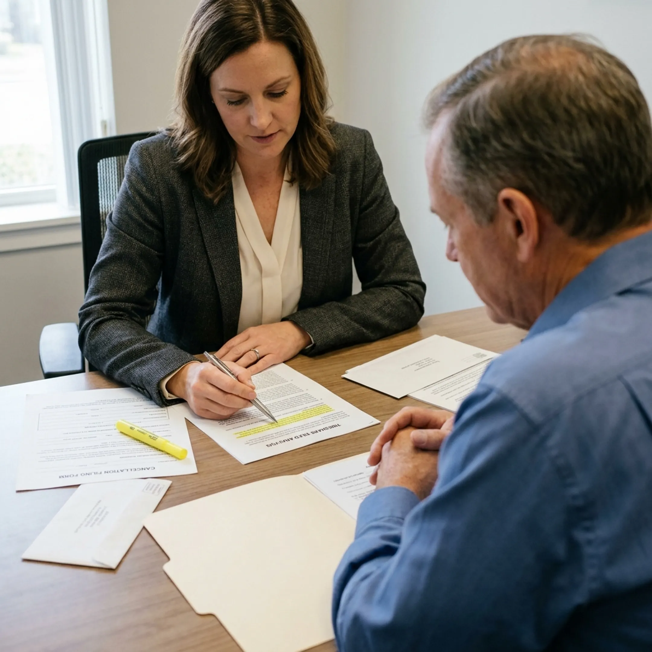 Case manager reviewing timeshare contract analysis with owner