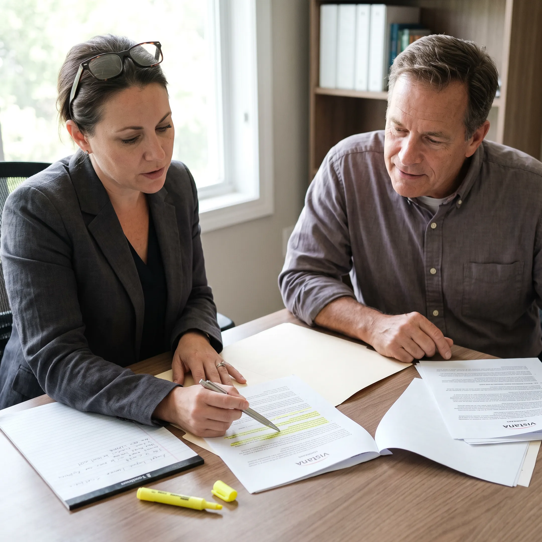 Timeshare owner reviewing Vistana cancellation documents with a case manager