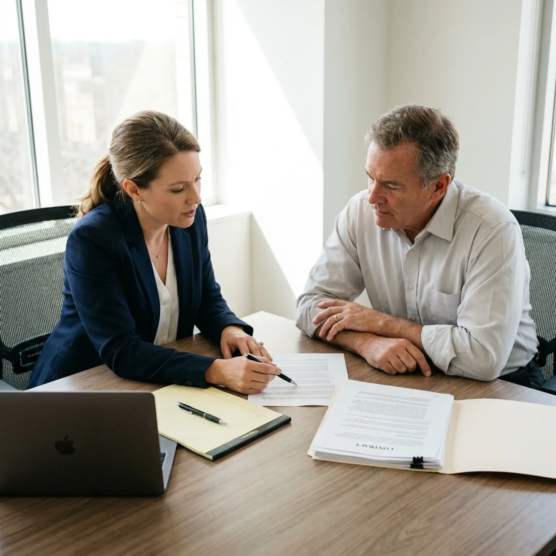 Timeshare owner reviewing Occidental Vacation Club cancellation documents with a case manager