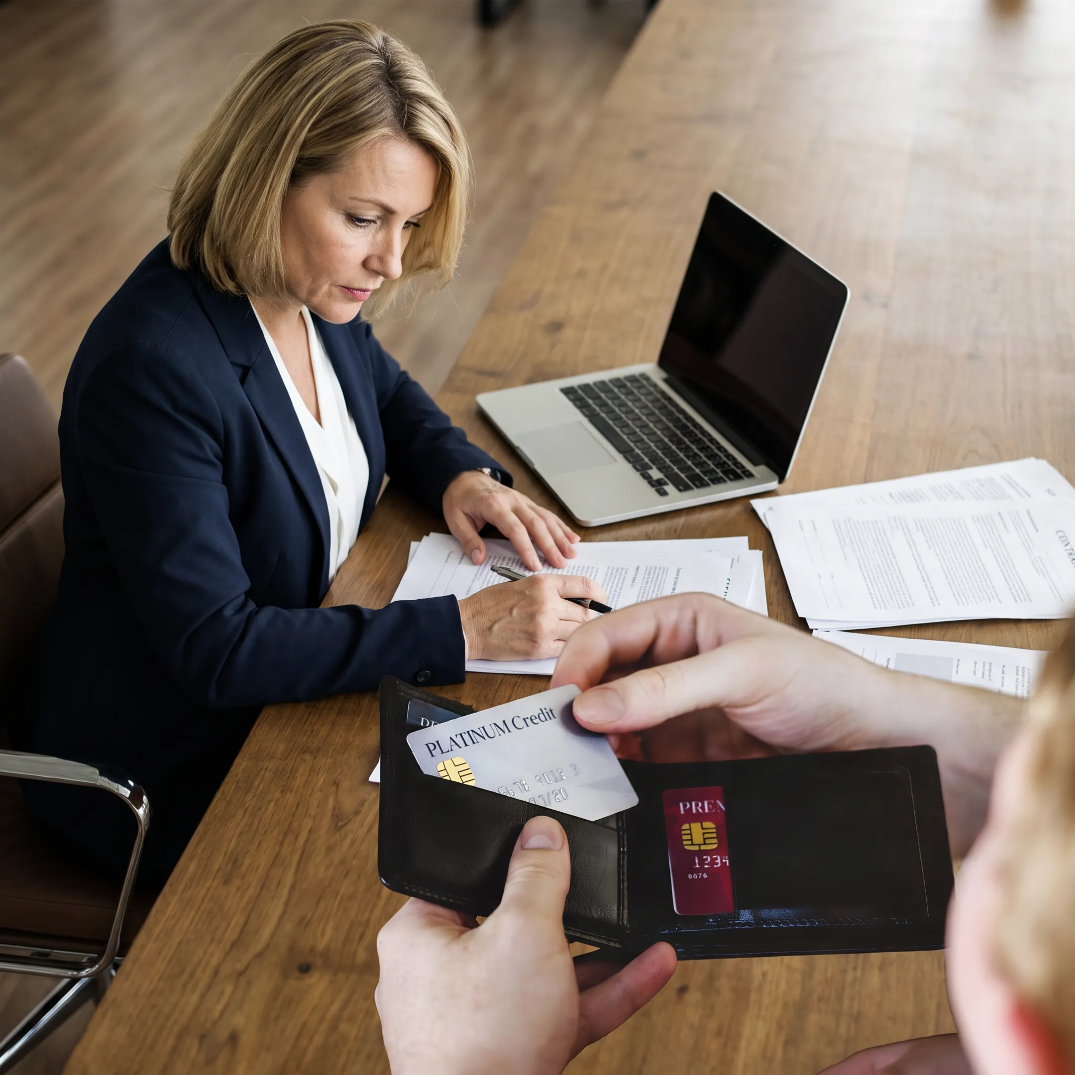 Consumer advocate analyzing timeshare contract documents on desk