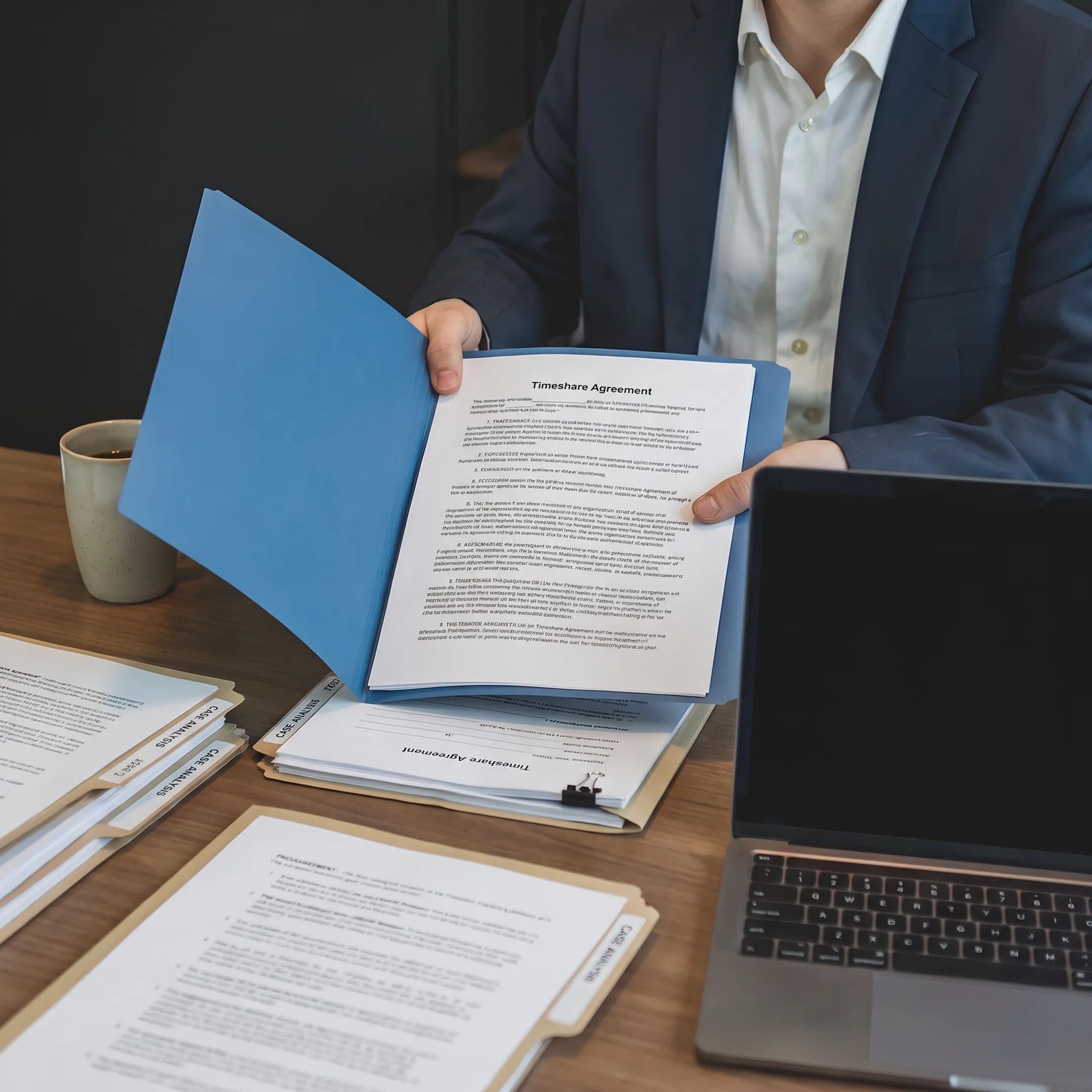 Timeshare contract analysis and legal consultation documents on an office desk