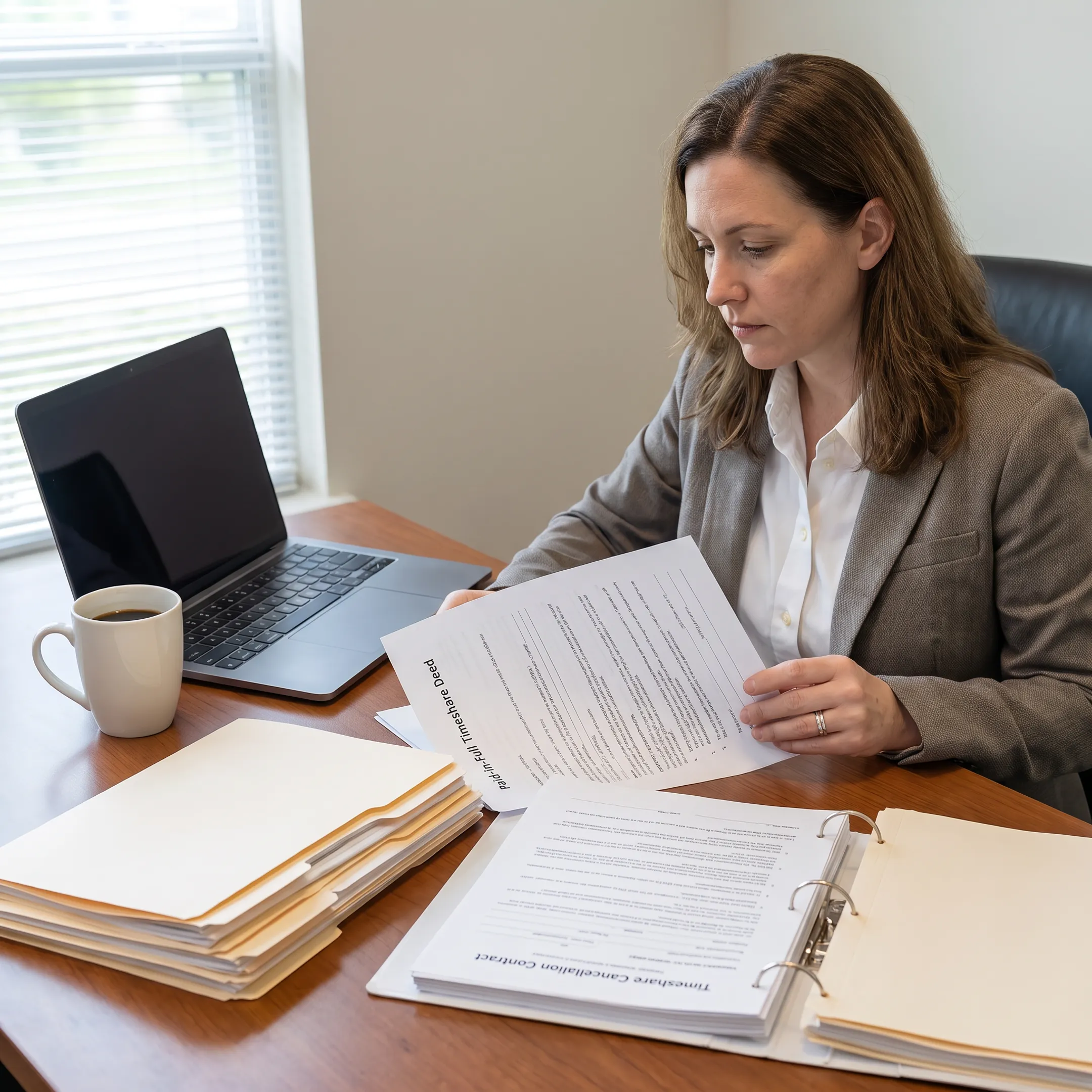 Case manager reviewing a paid-off timeshare contract