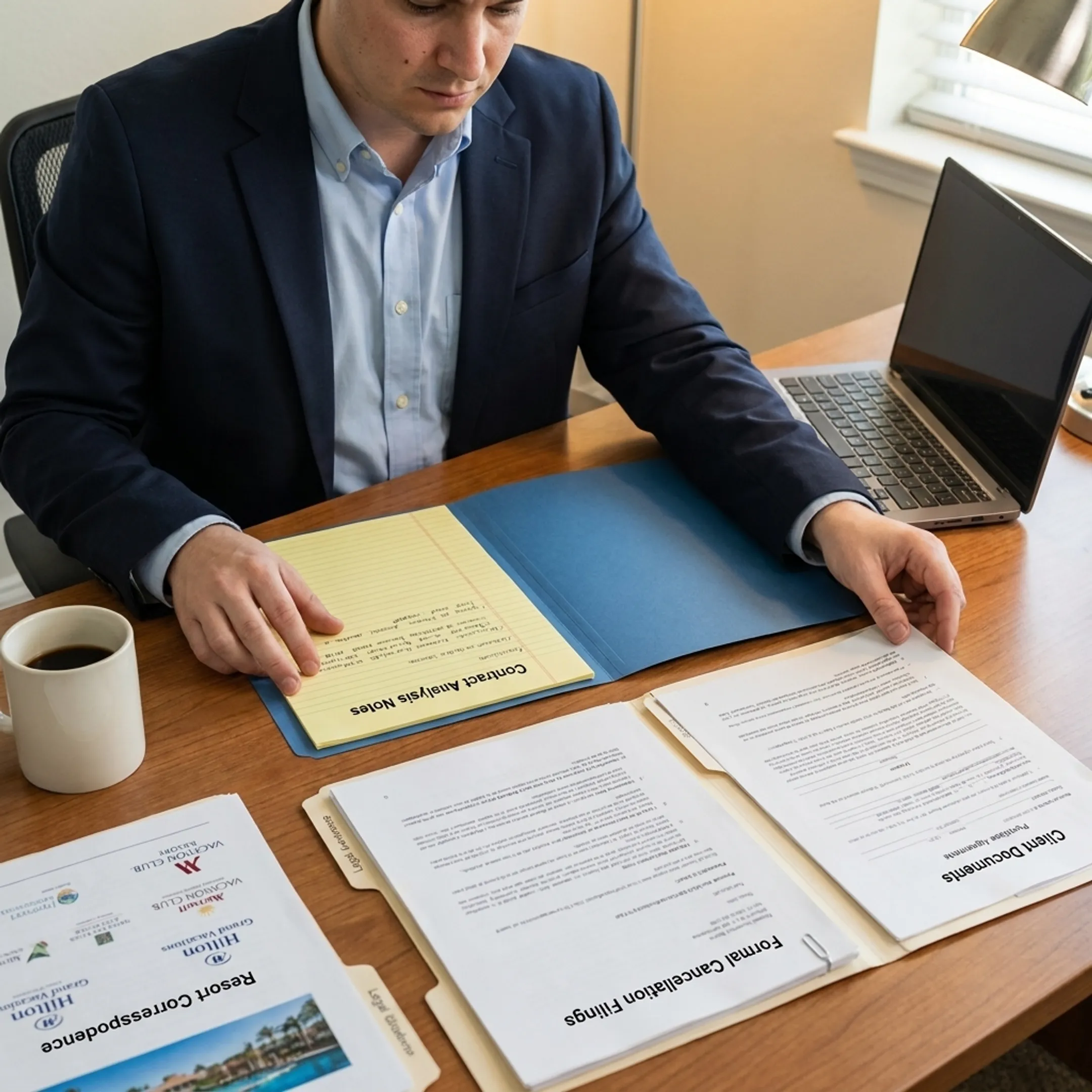 Case manager organizing timeshare cancellation documents