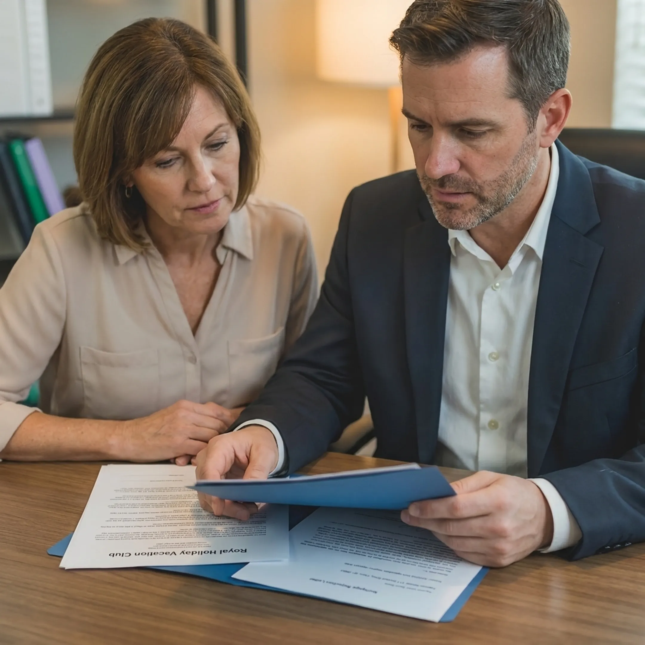 Advisor reviewing Royal Holiday Vacation Club cancellation documents with a timeshare owner