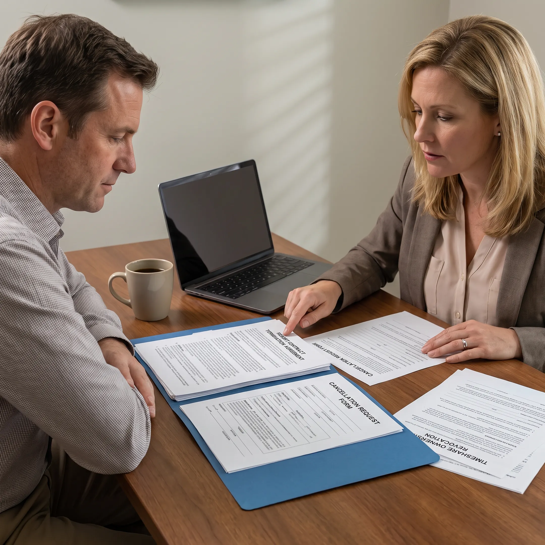Timeshare owner reviewing cancellation documents with a case manager