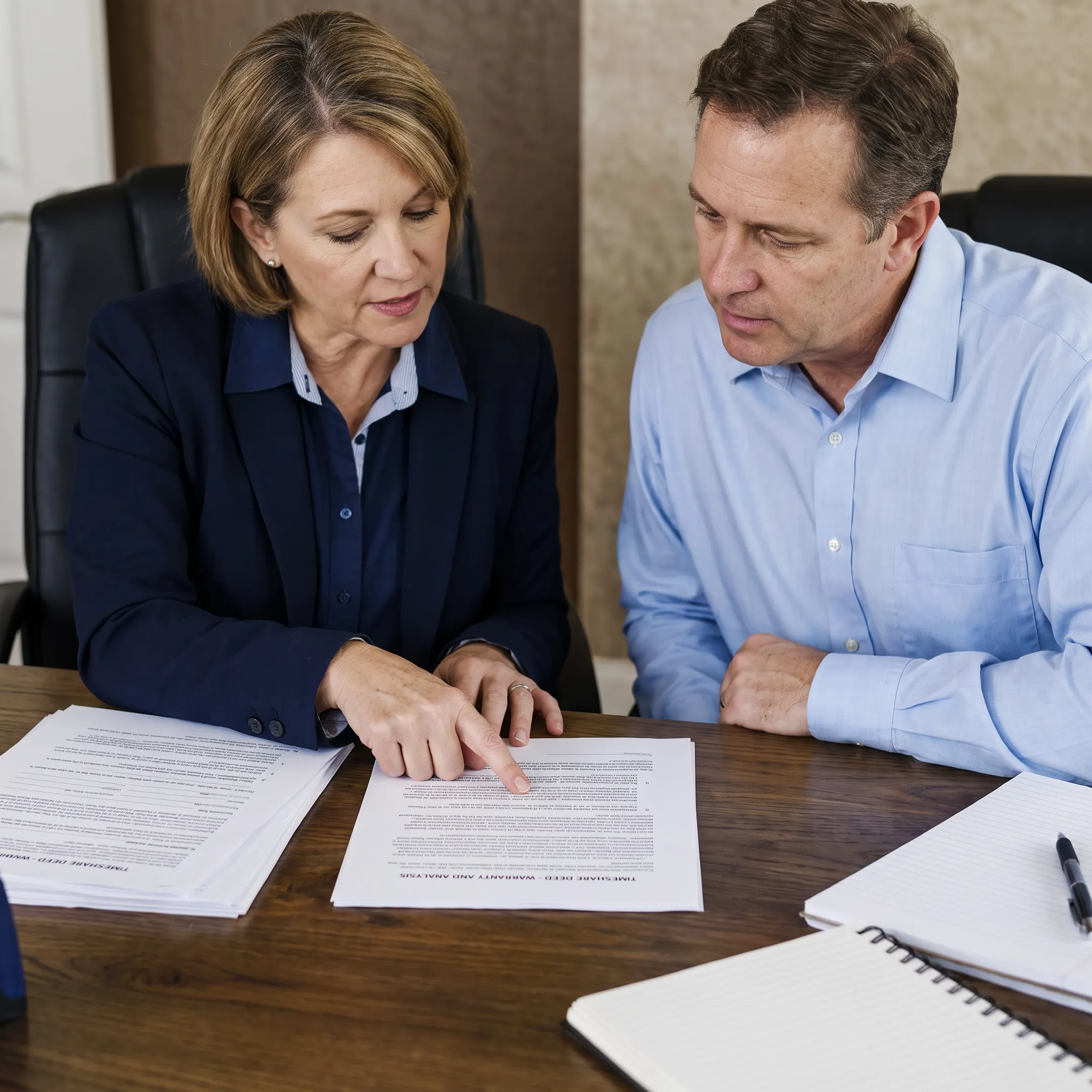 Case manager reviewing timeshare contract analysis with an owner